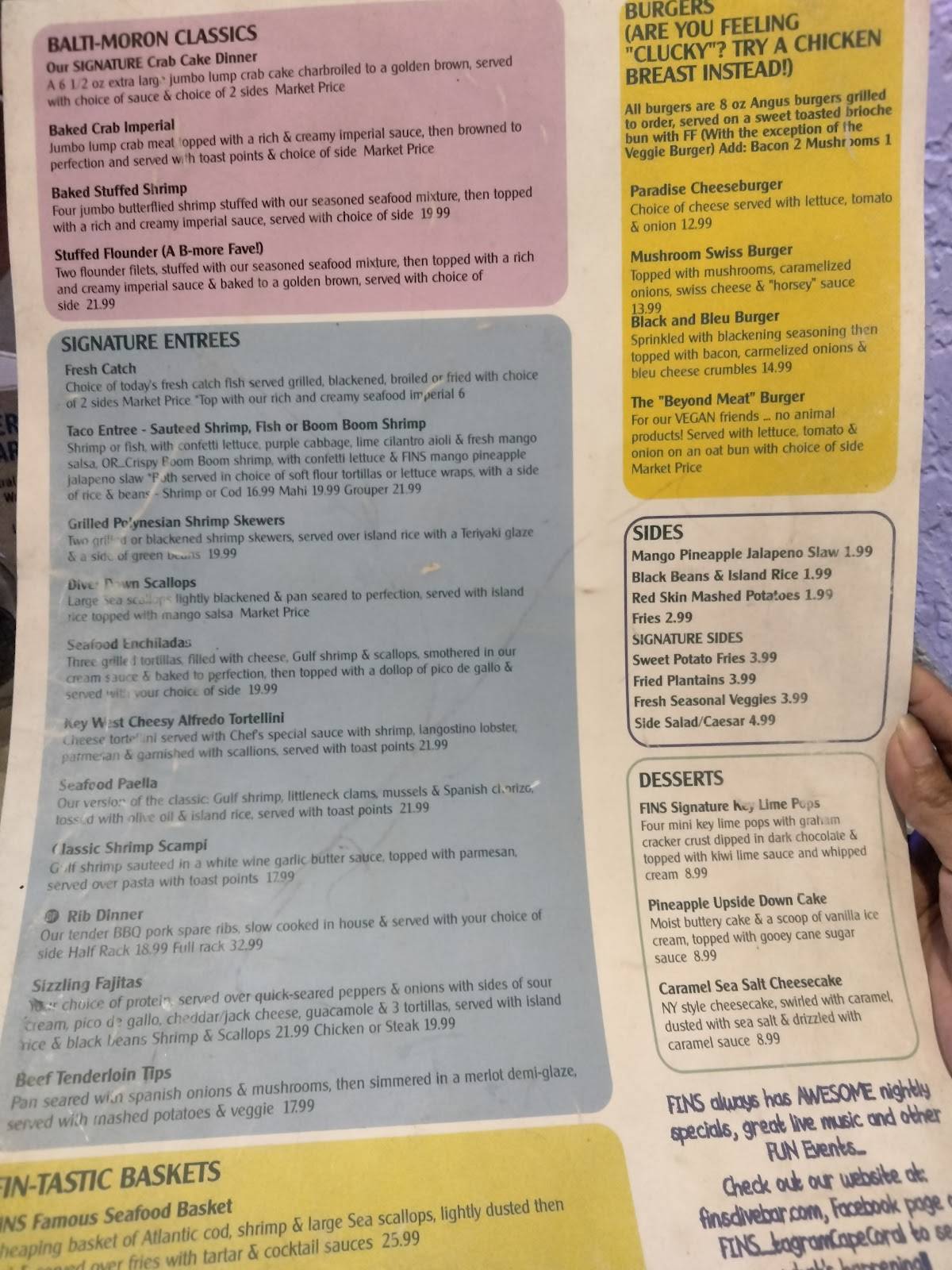 Menu at FINS Seafood & Dive Bar, Cape Coral