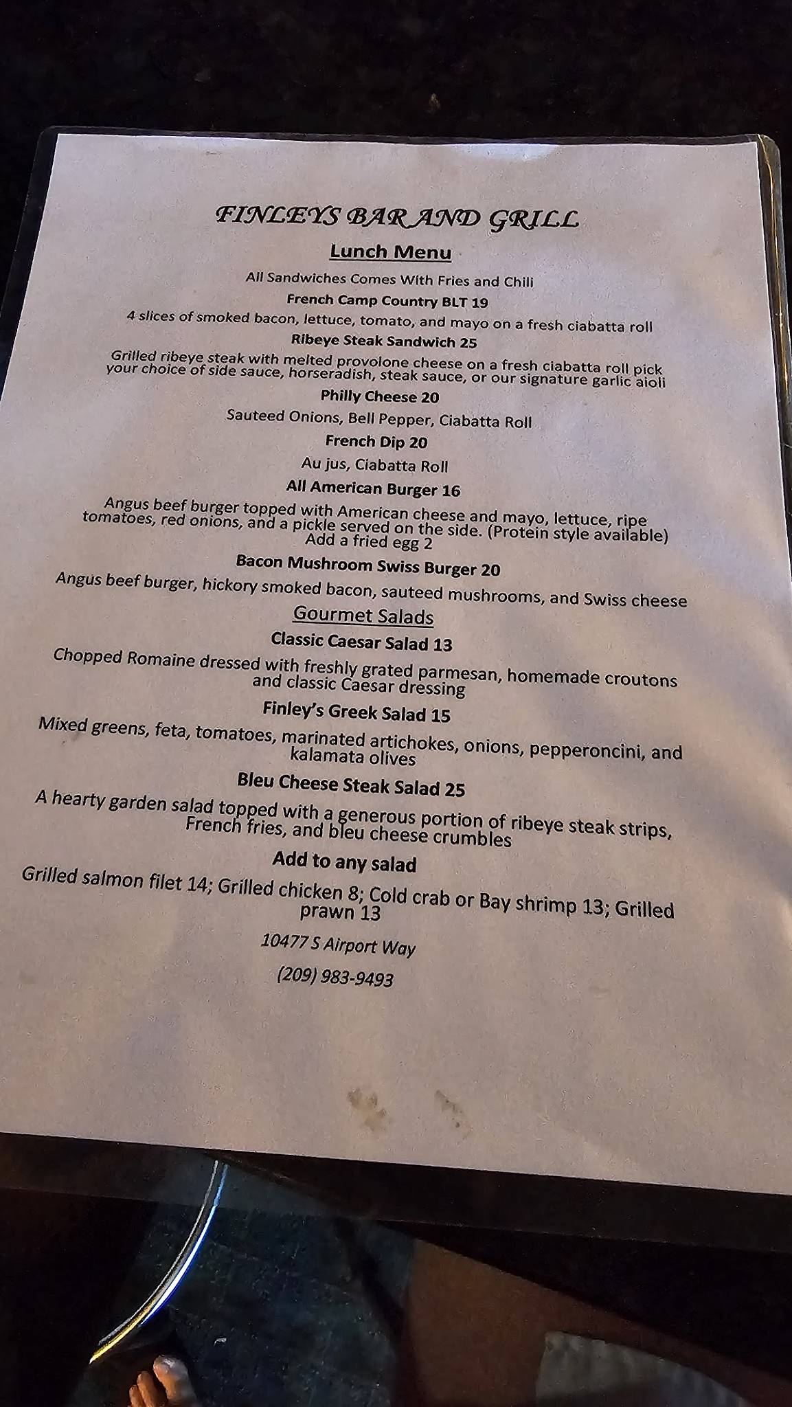 Menu at Finley's Bar & Grill, Manteca