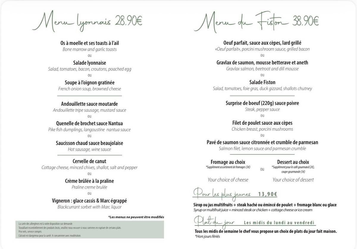 Menu de Fiston - Cuisine française (rue Mercière)