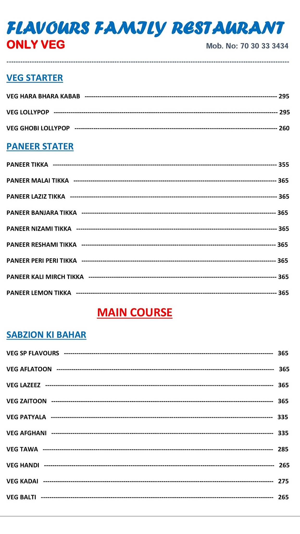 Flavours Restaurant Live Orchestra Bar menu