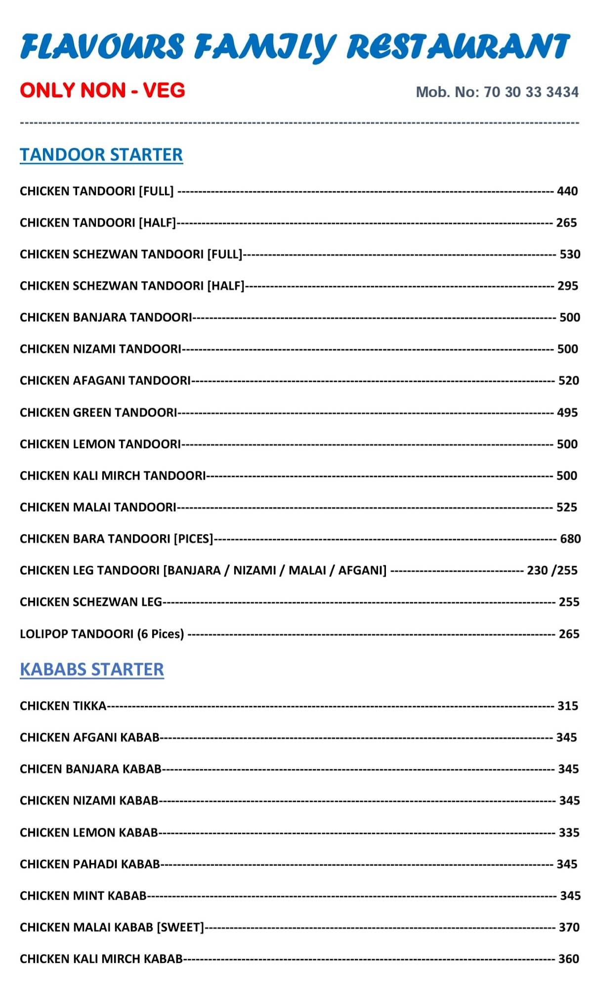 Flavours Restaurant Live Orchestra Bar menu