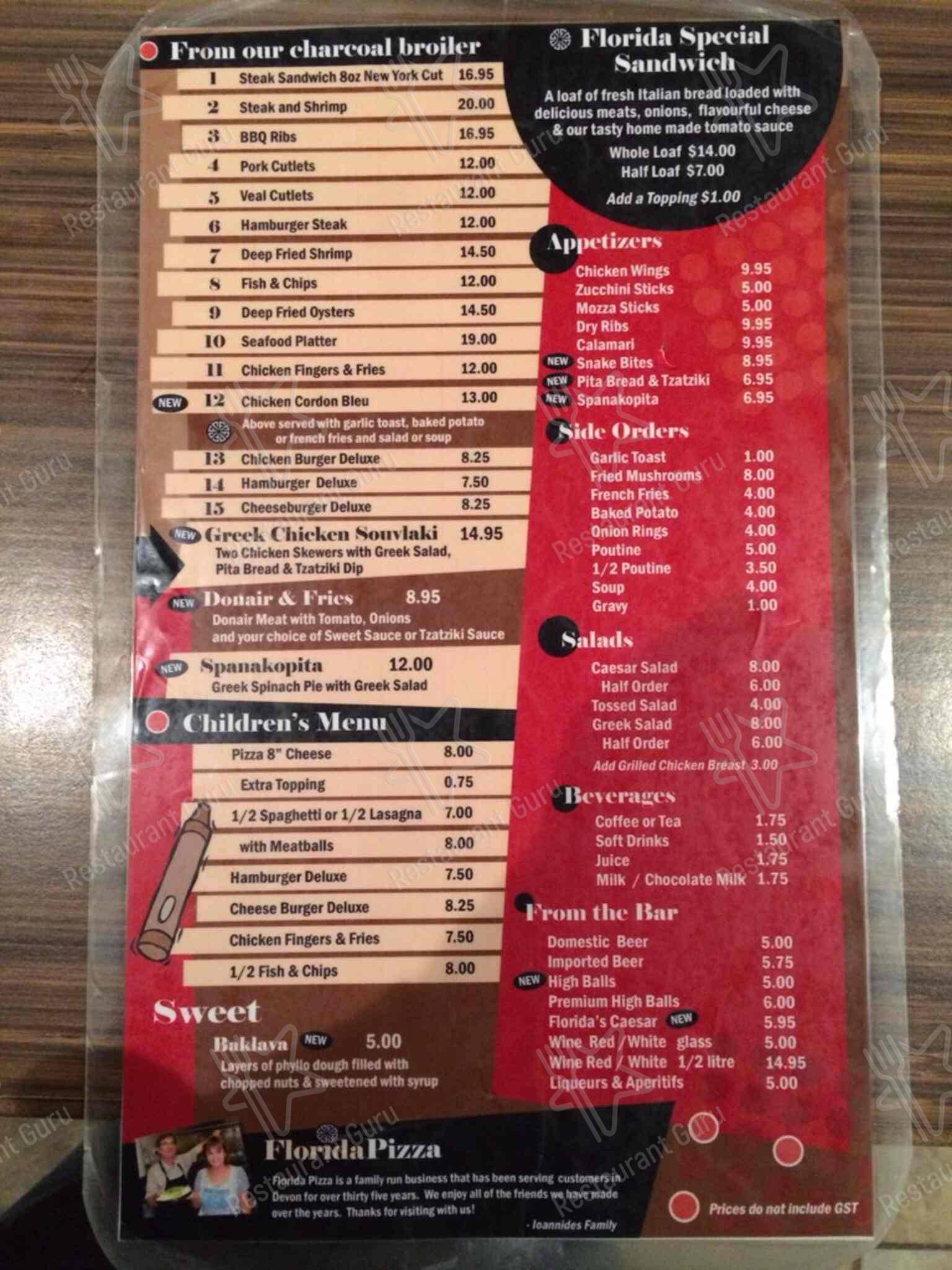 Menu at Florida Pizza pizzeria, Devon