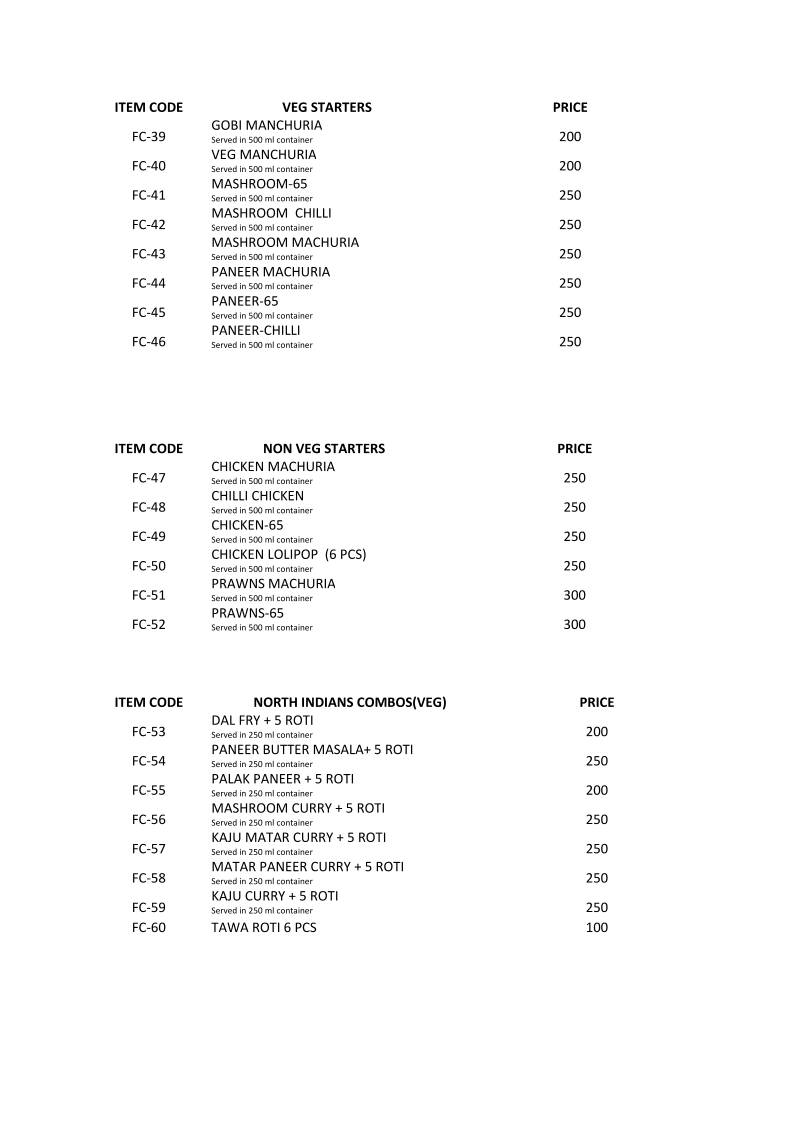 Food Corner menu