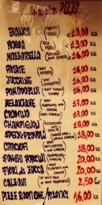 Menu di Forno Campo de' Fiori Roma 