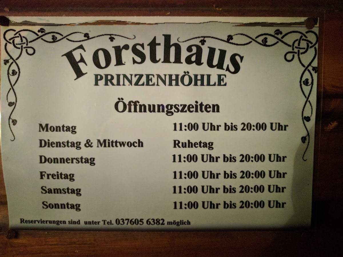 Speisekarte von Forsthaus Zur Prinzenhöhle restaurant, Hartenstein