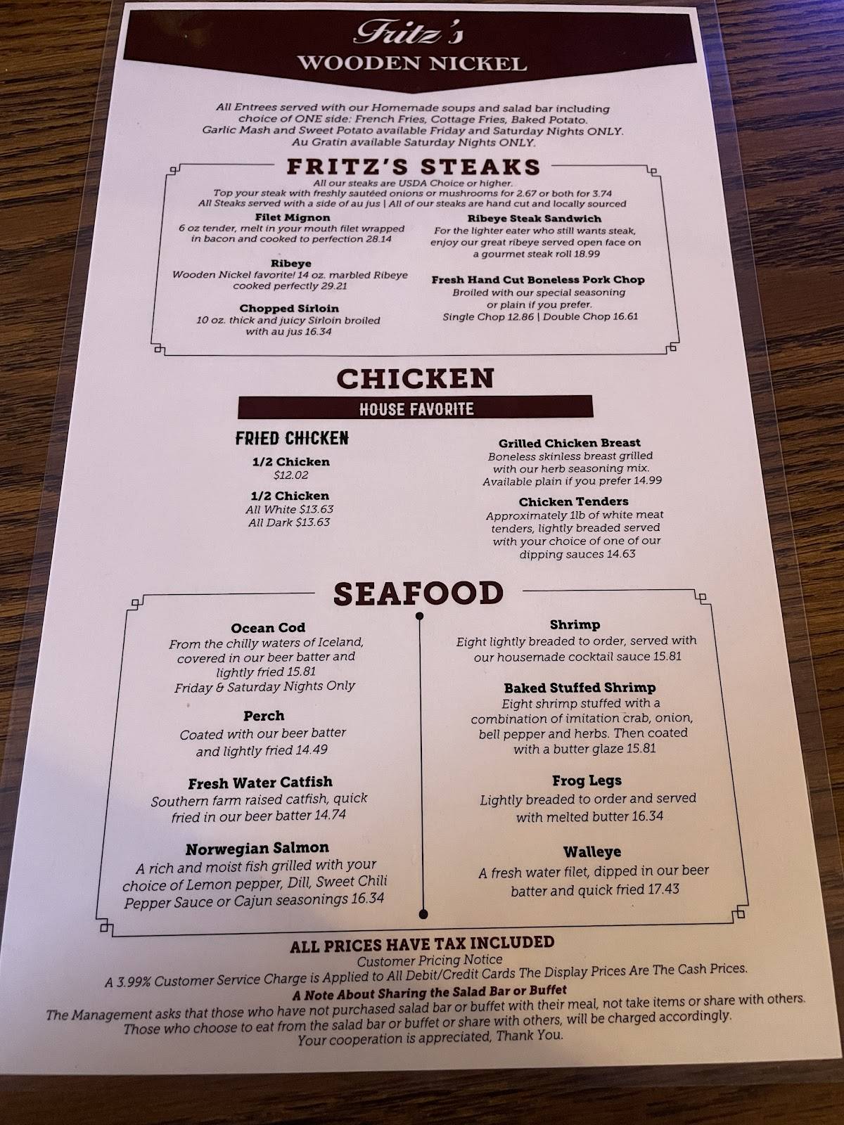 Menu at Fritz's Wooden Nickel steakhouse, Stillman Valley