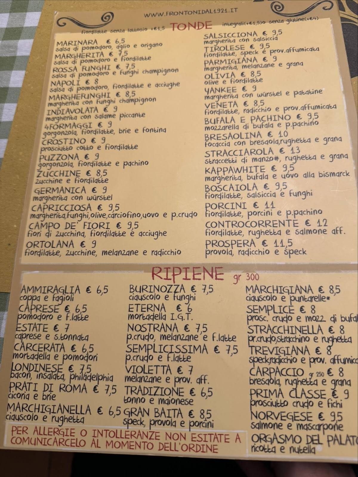 Menu di frontoni dal 1921 