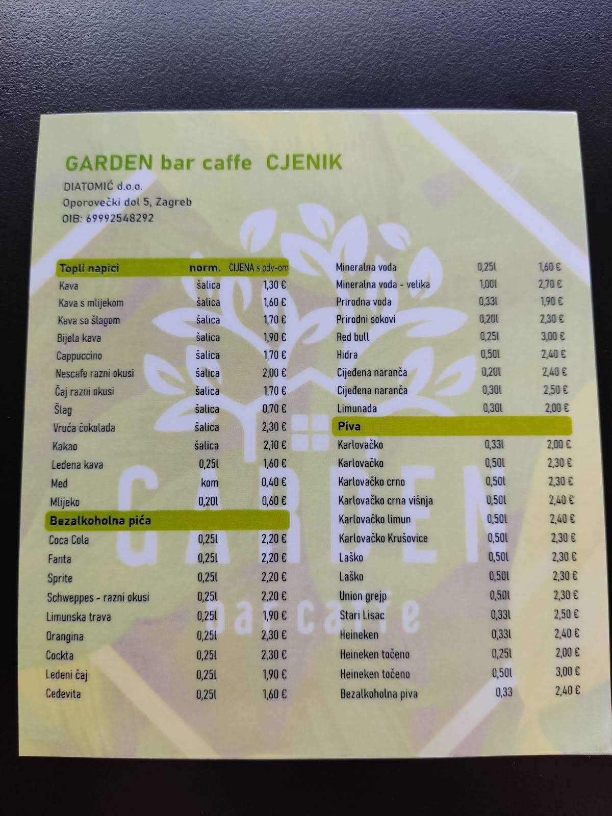 Menu di GARDEN bar caffe 