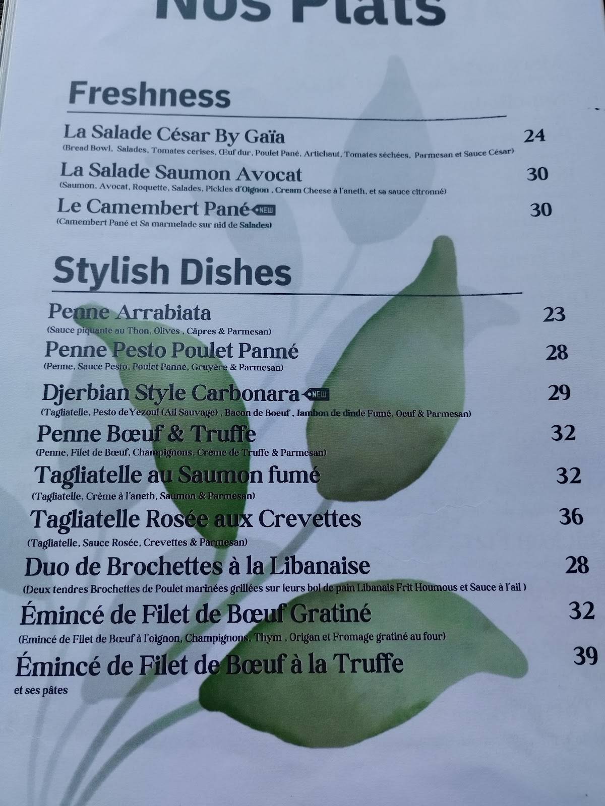 Menu de Gaïa Stylish Coffee & Food