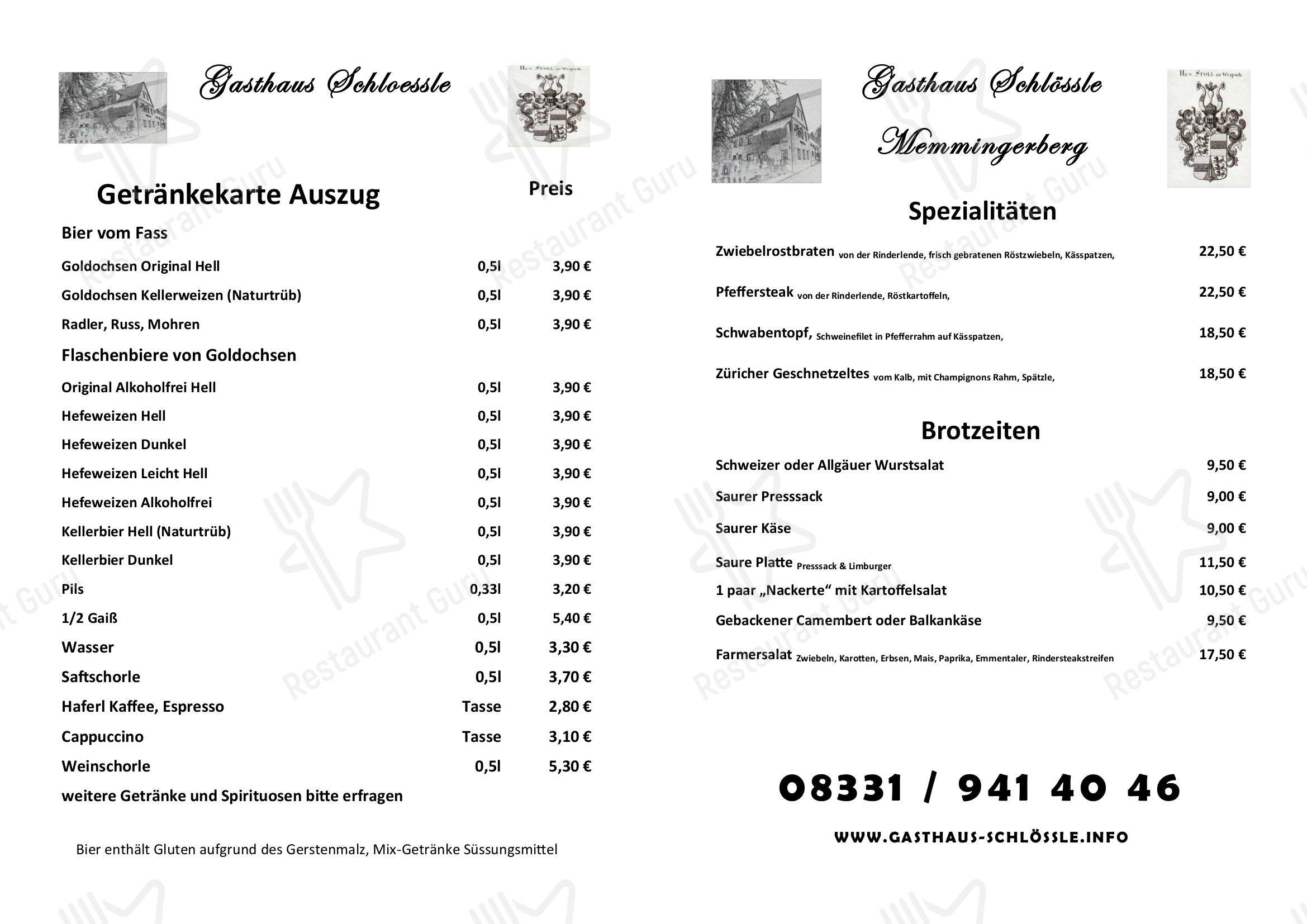 Restaurant Zum Schlössla Speisekarte von Gasthaus Schlössle restaurant, Memmingerberg