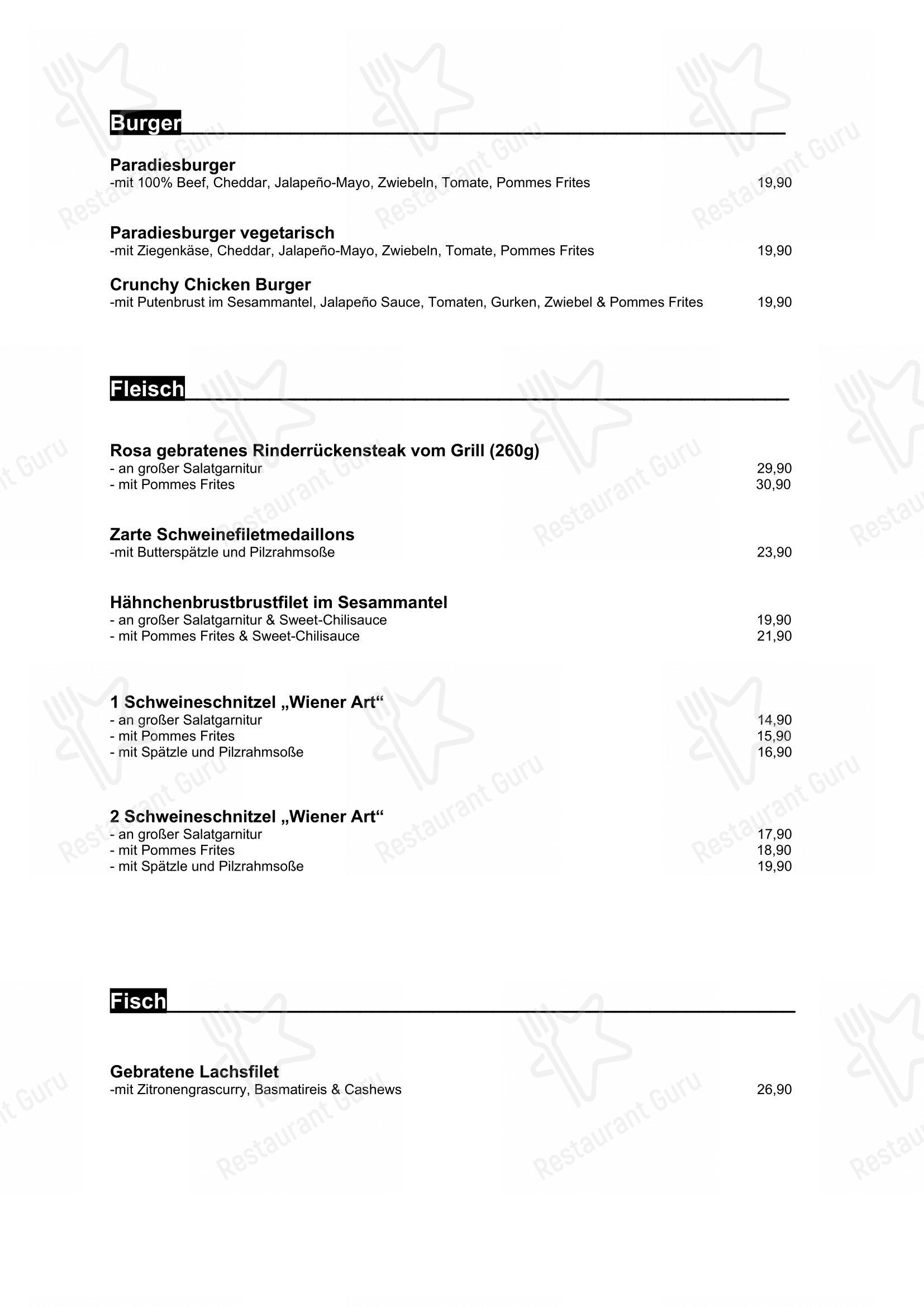 Menu pour Gaststätte Paradies restaurant
