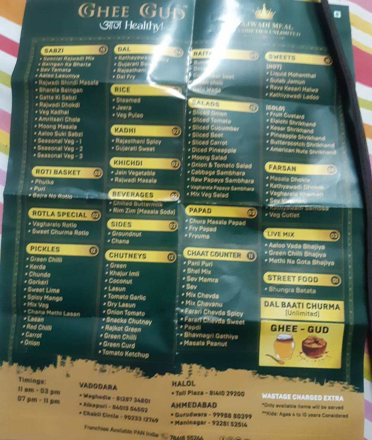 Menu at Ghee Gud, Chakli Circle, Vadodara, Vadodara