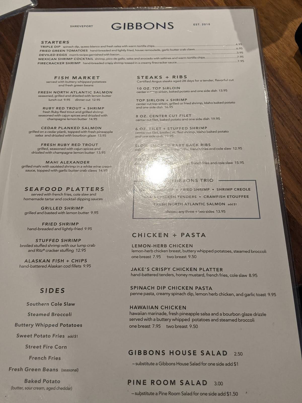 Menu at Gibbons Fine Grill restaurant, Shreveport