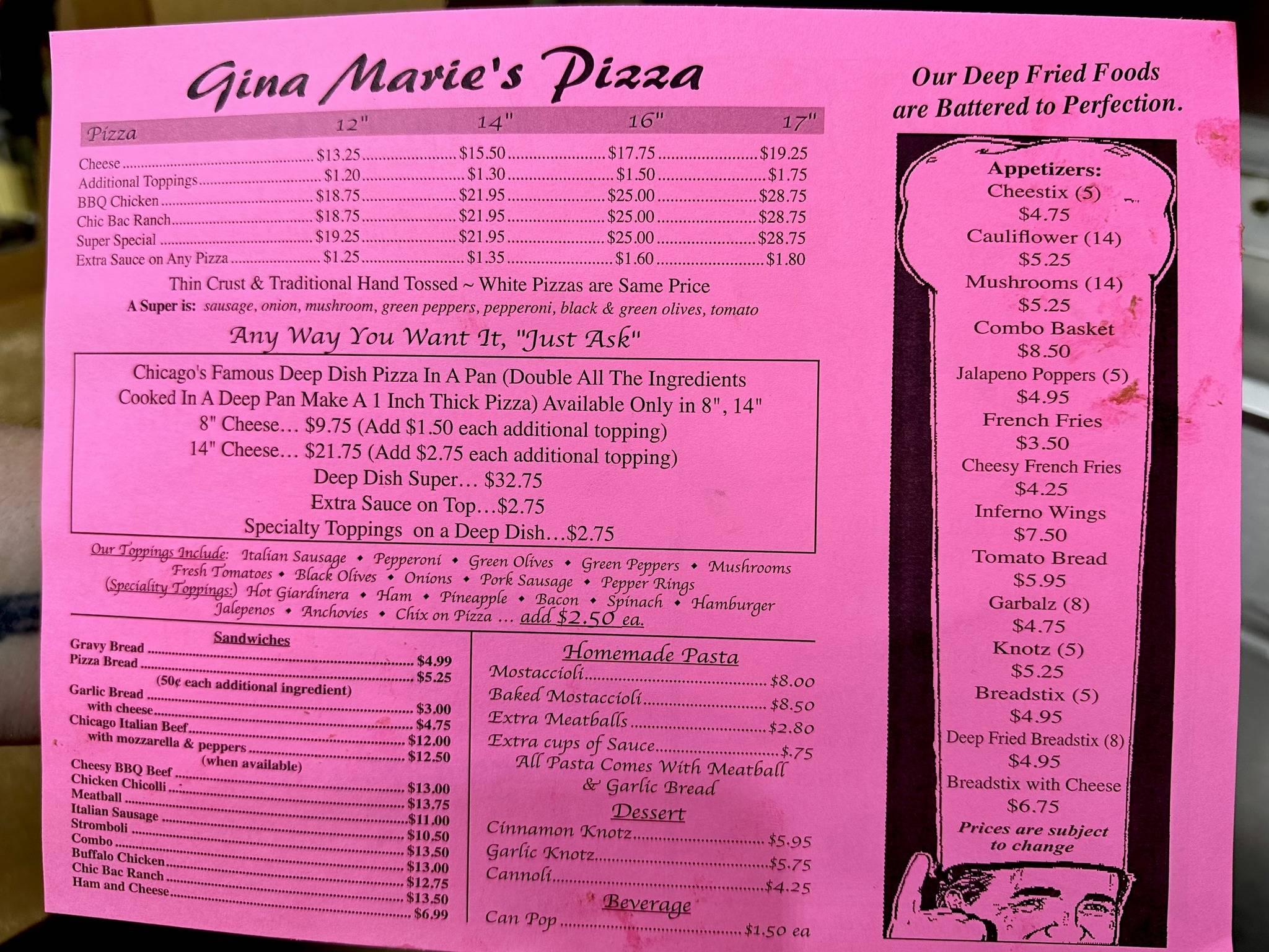 Menu at Gina Marie's pizza pizzeria, Knox