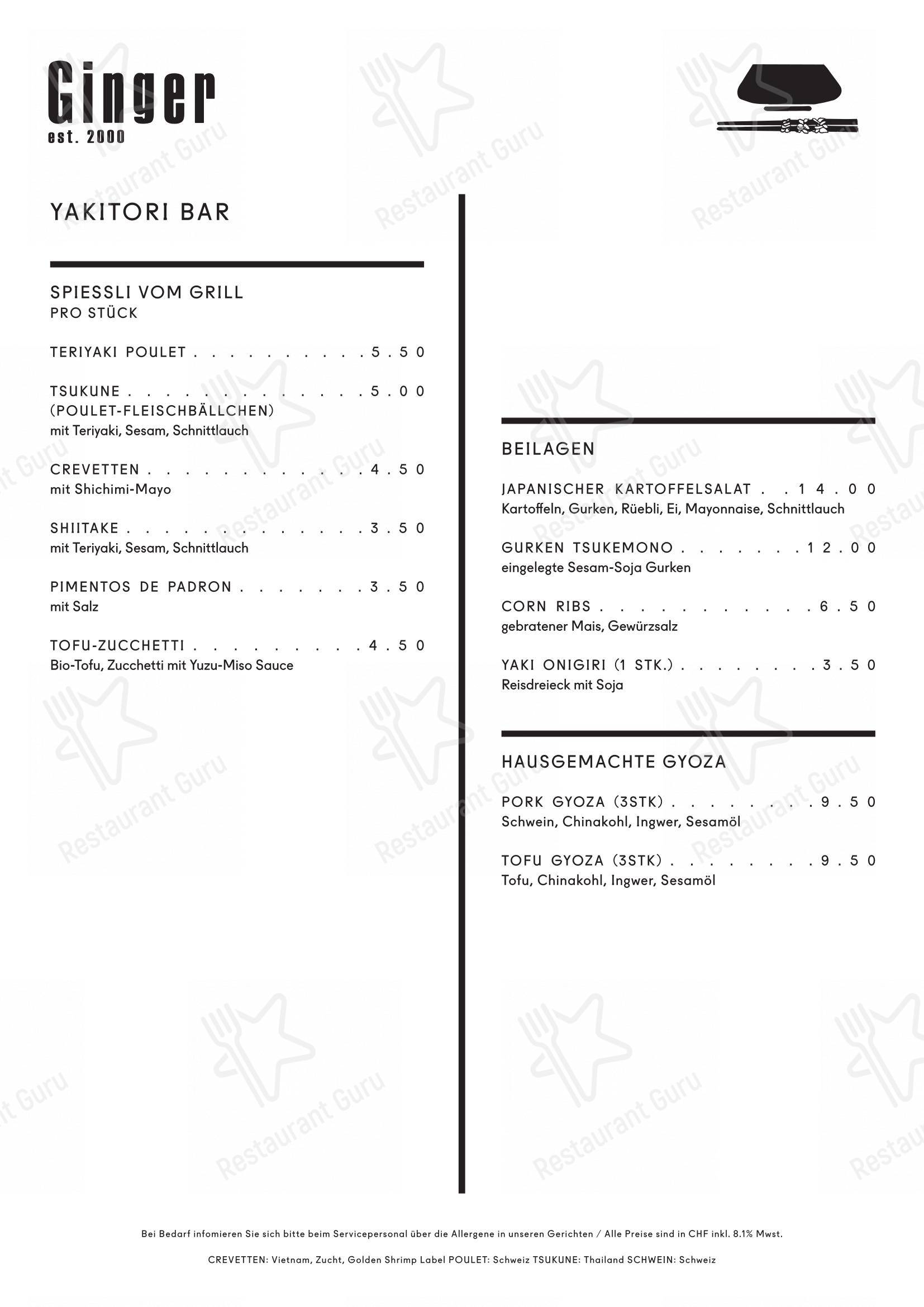 Ginger Restaurant dans Zürich - Menu