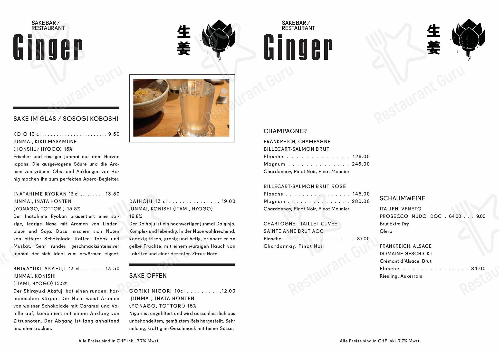 Carte menu pour Ginger Restaurant restaurant