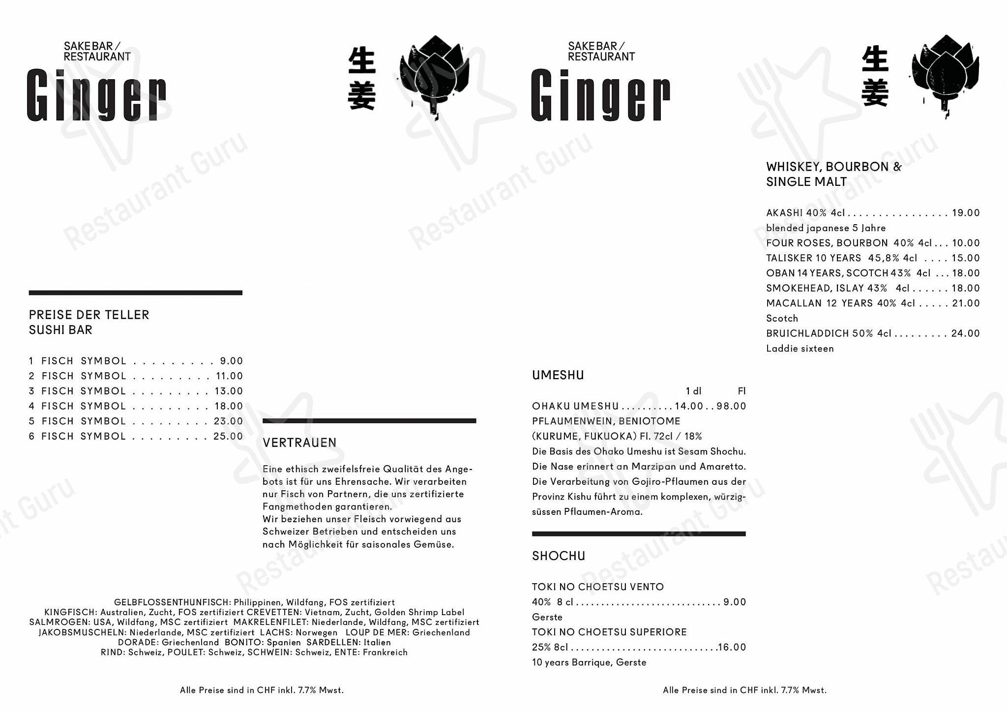 Carte menu pour Ginger Restaurant dans Zürich