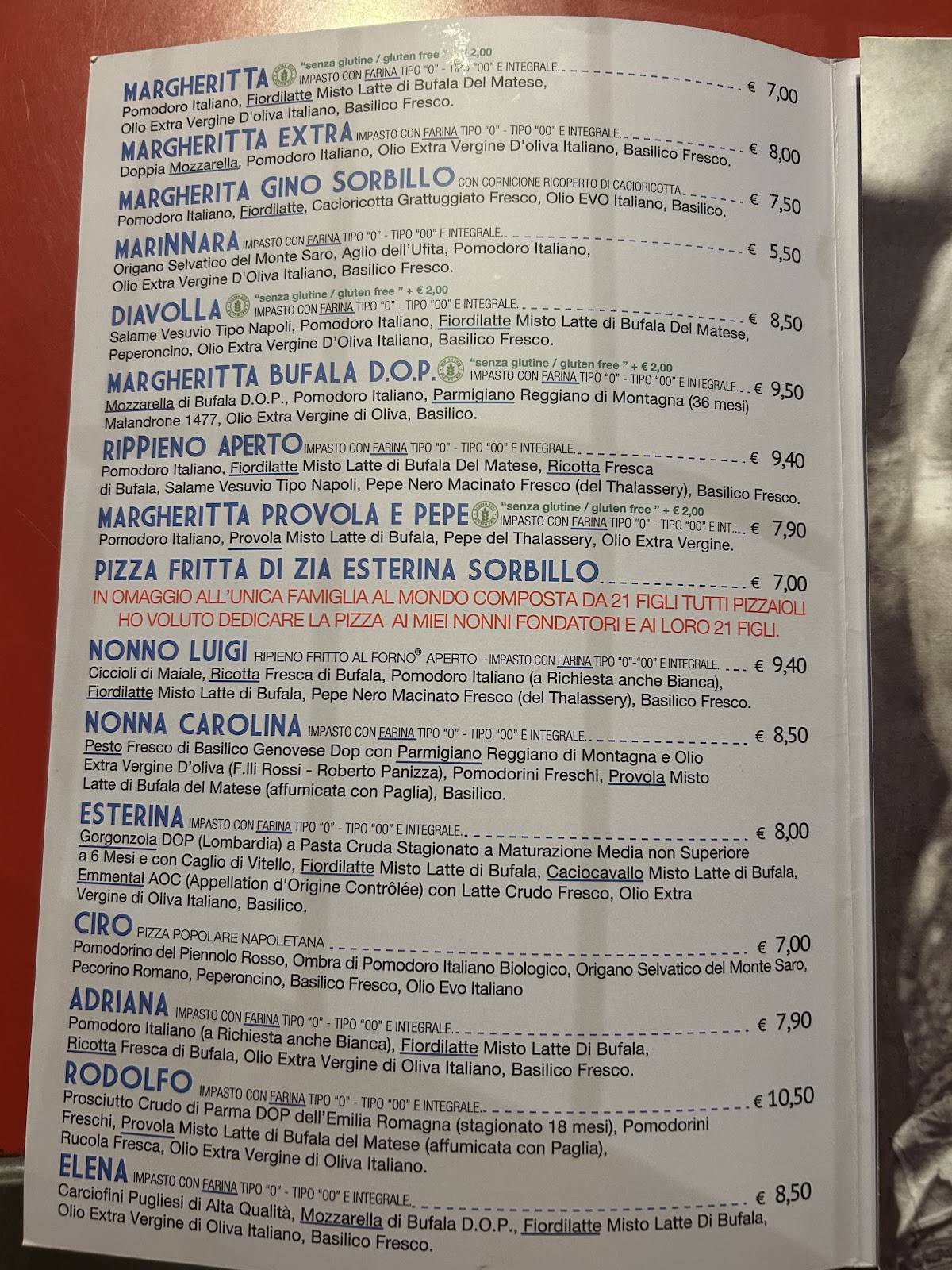 Menu di Gino e Toto Sorbillo 