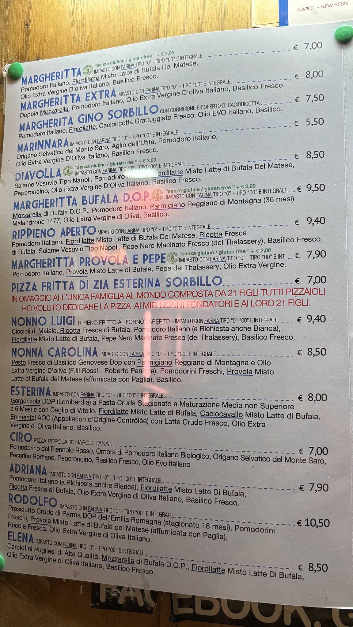 Menu di Gino e Toto Sorbillo 