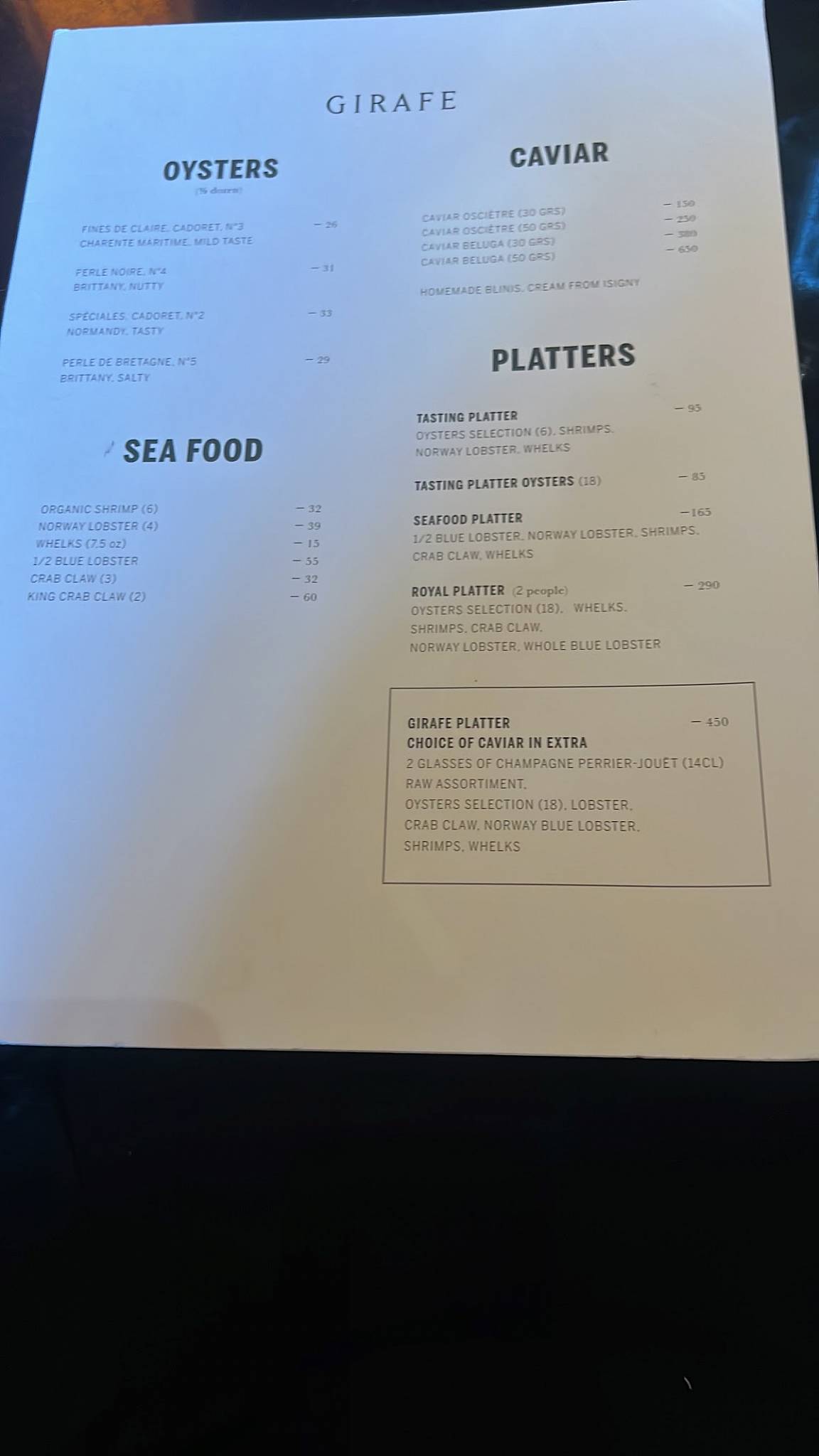 Menu de Girafe