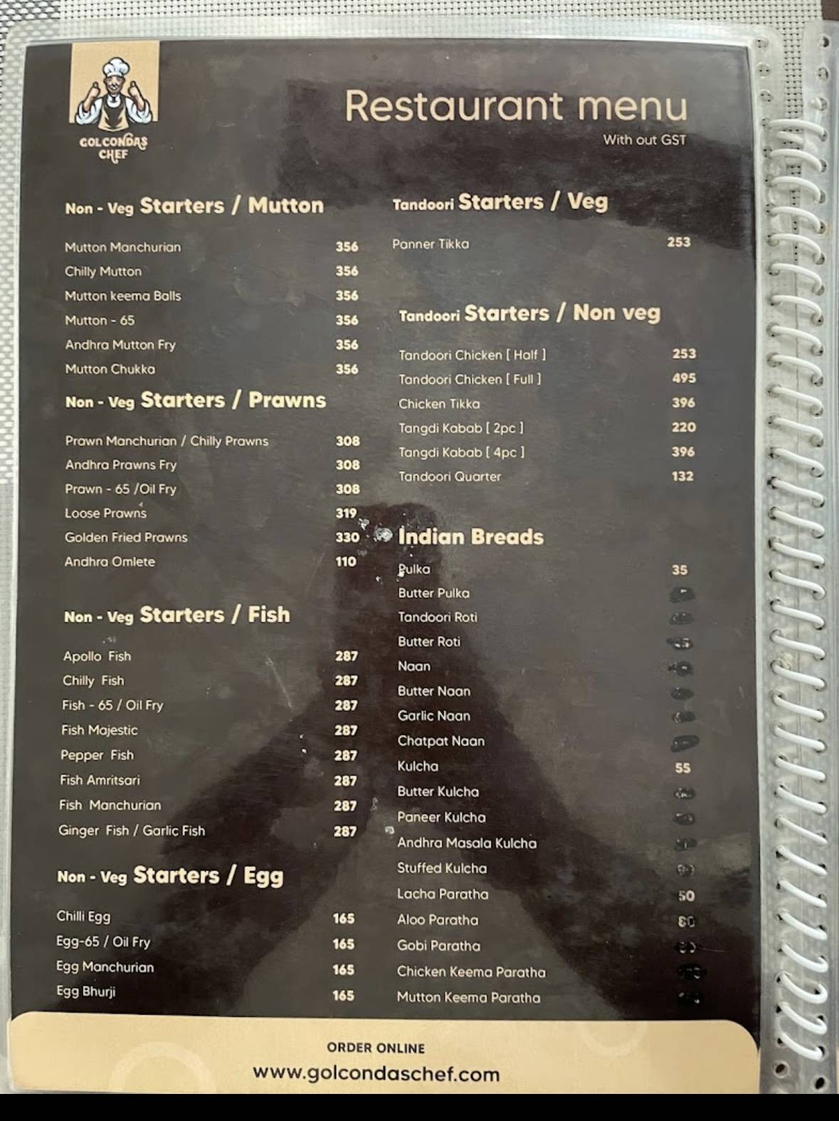 Golcondas Chef menu
