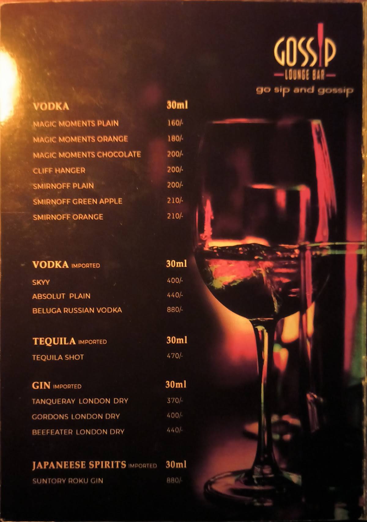 Gossip Lounge menu
