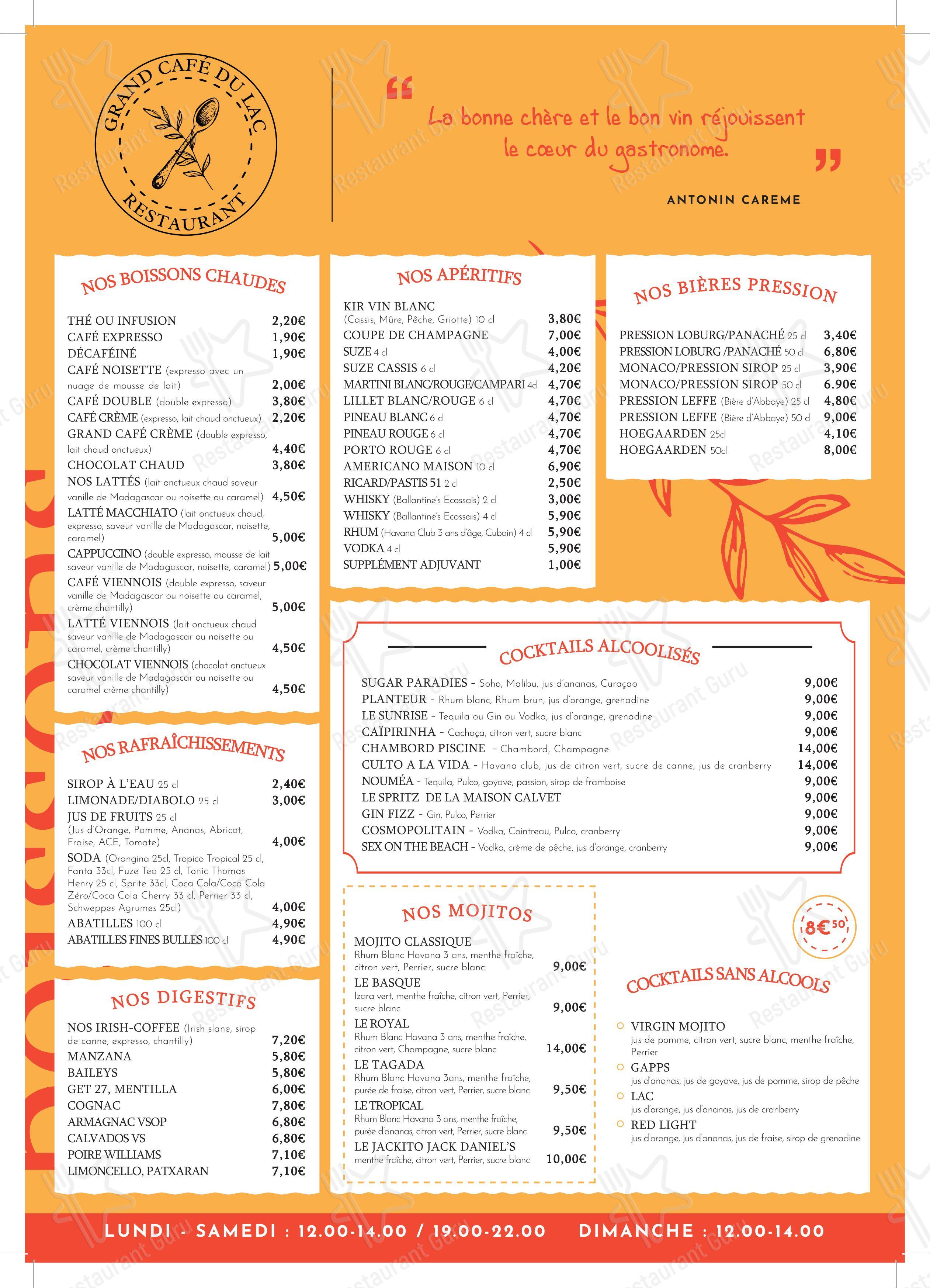 Menu pour Grand Café du Lac Libourne dans Libourne