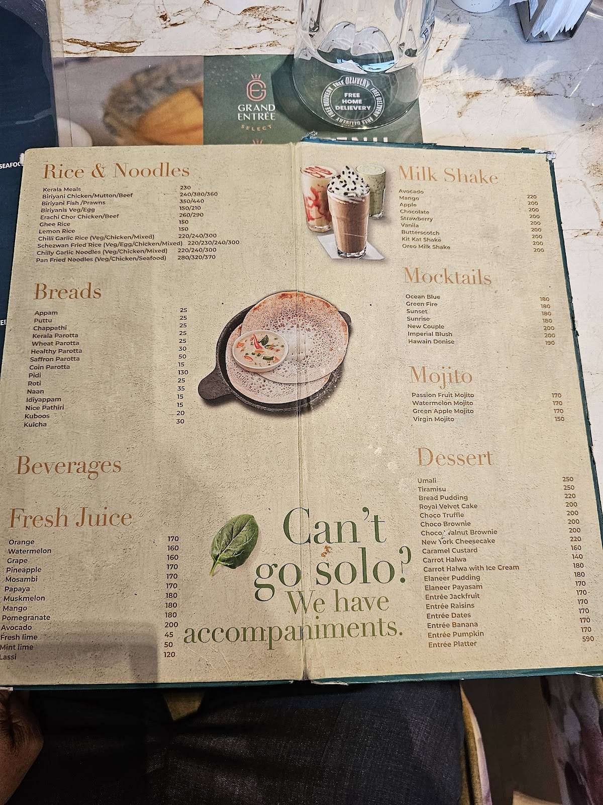 Grand Entree Select menu