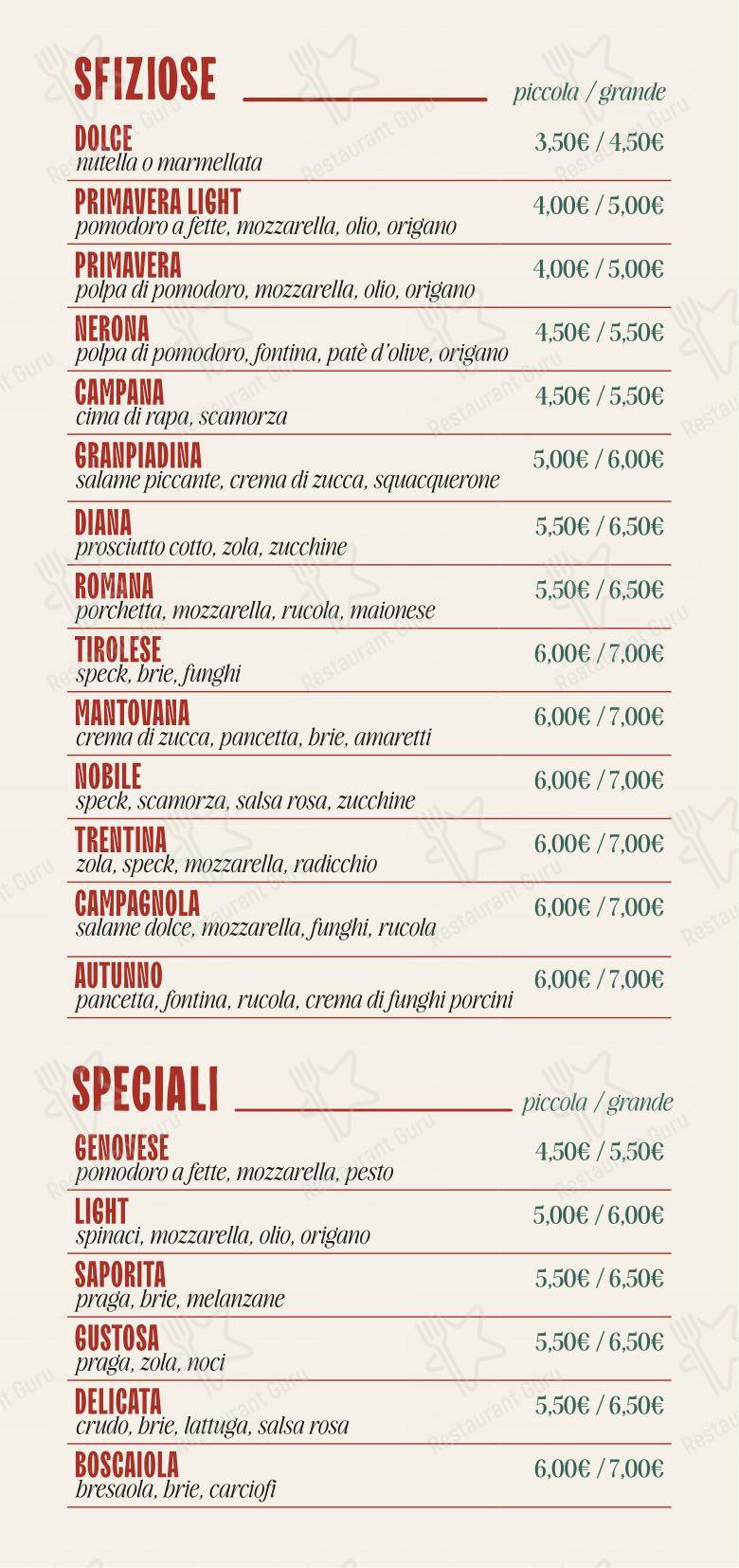 Menu per Granpiadina ristorante