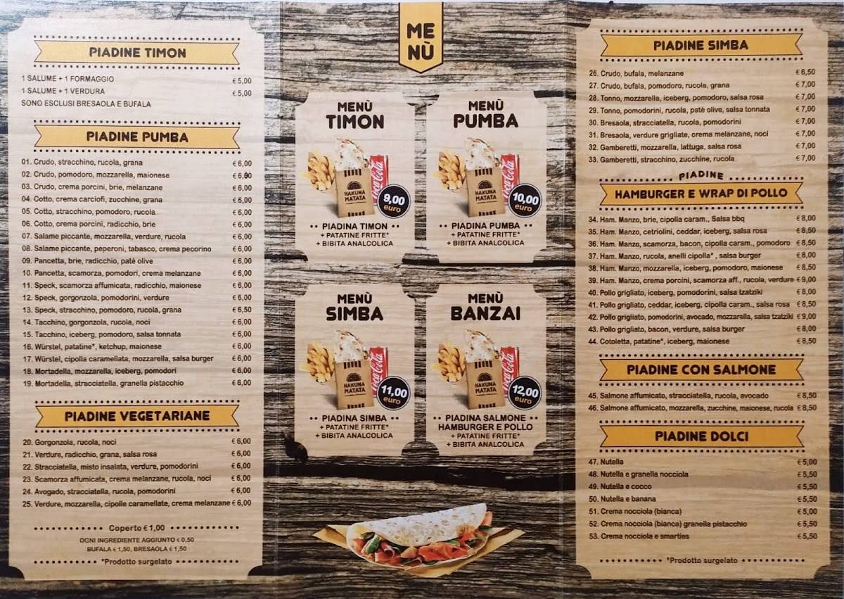 Menu di Hakuna Matata piadineria 