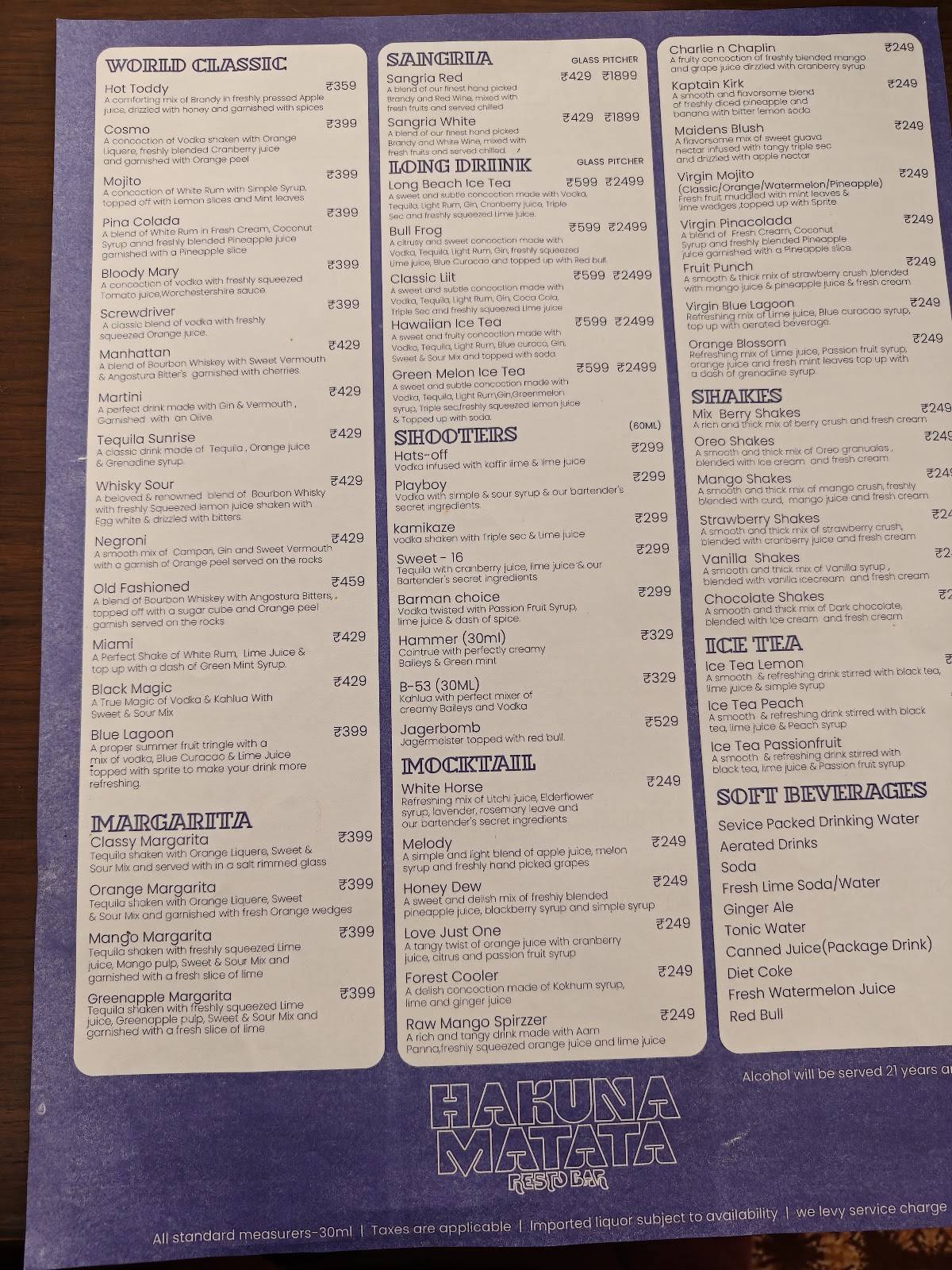 Hakuna Matata menu
