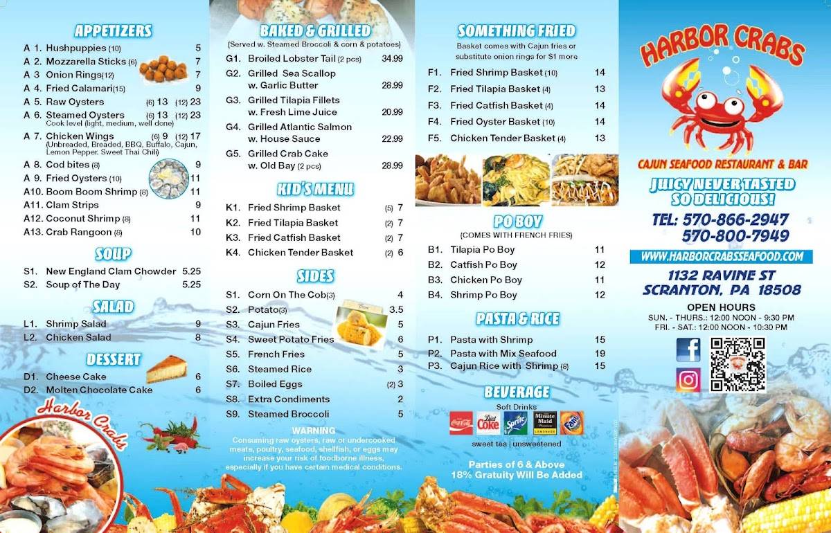 Menu at Harbor Crabs restaurant, Dickson City, 1132 Ravine St