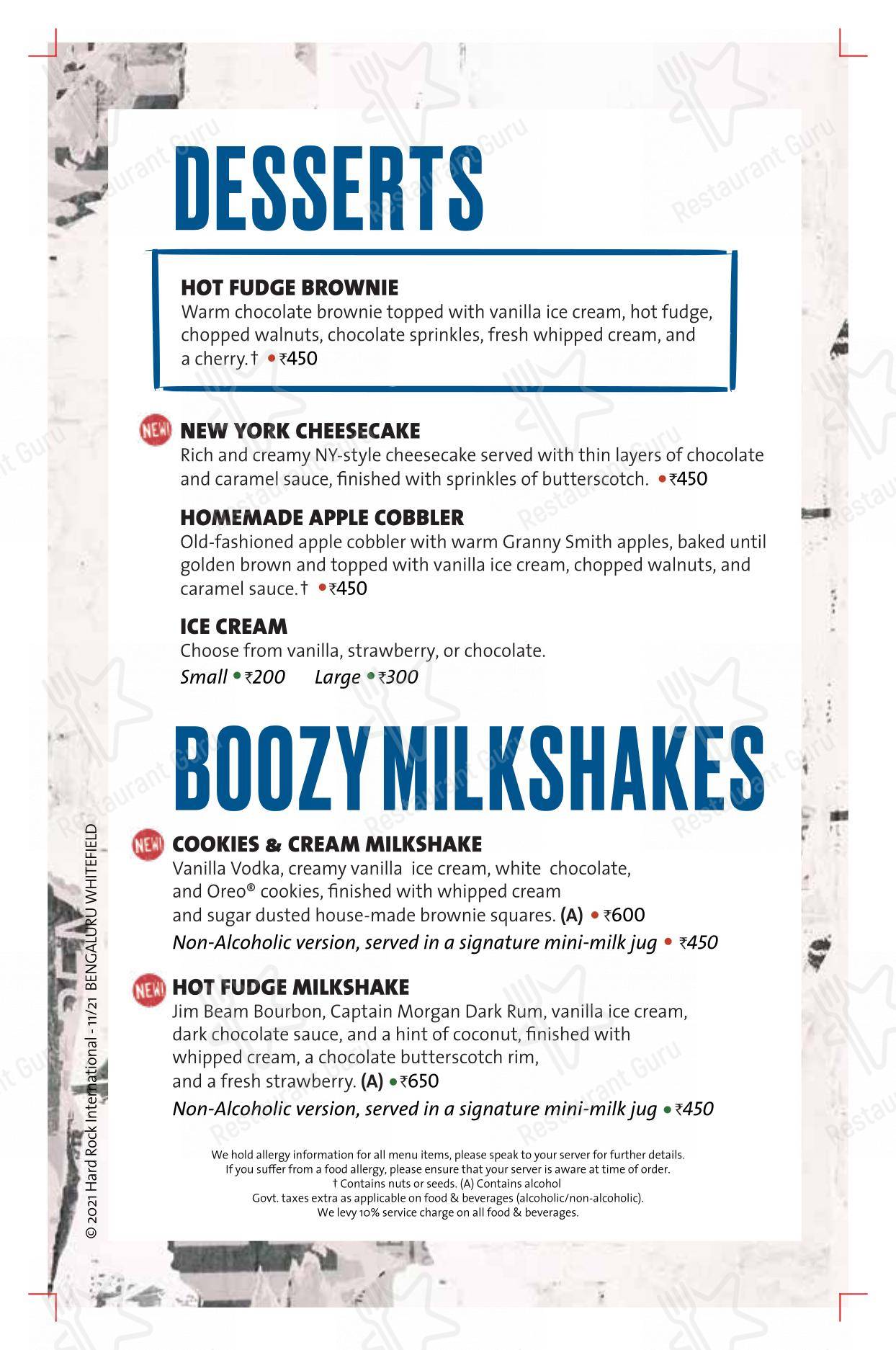 Menu for Hard Rock Cafe Whitefield in Bengaluru