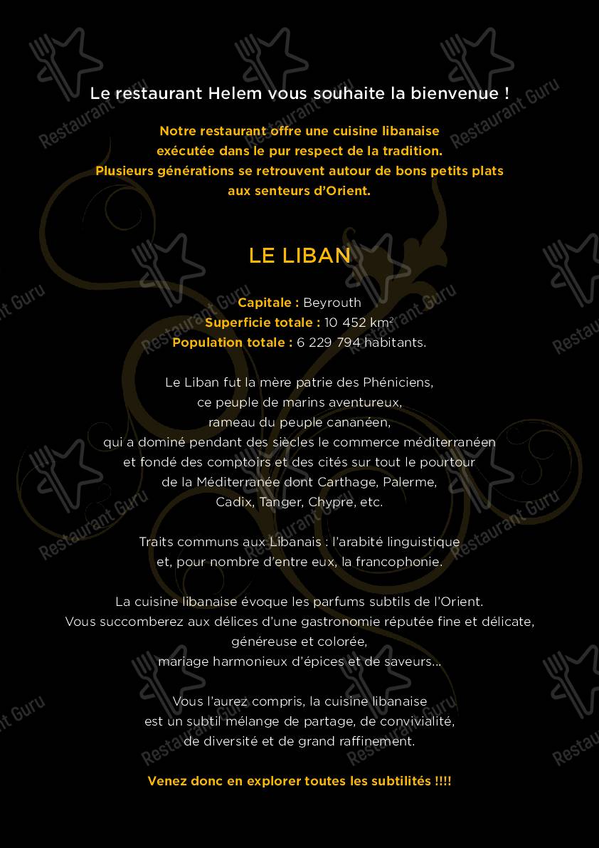 Menu pour Helem - plats et boissons