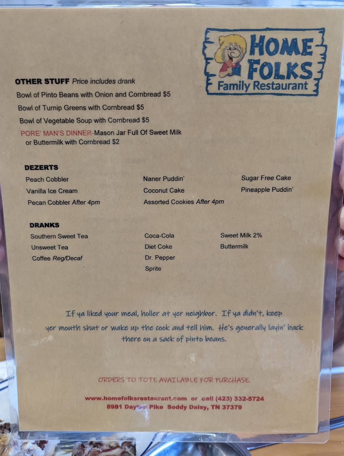 Menu at Home Folks Family Restaurant, SoddyDaisy