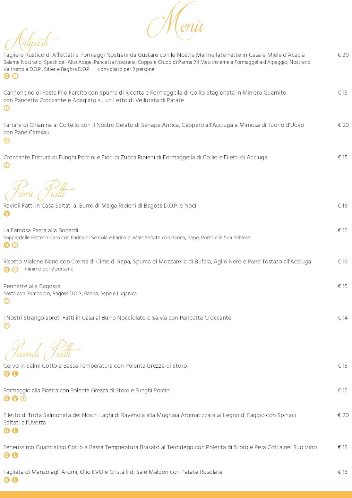 Menu di Hotel Bonardi 