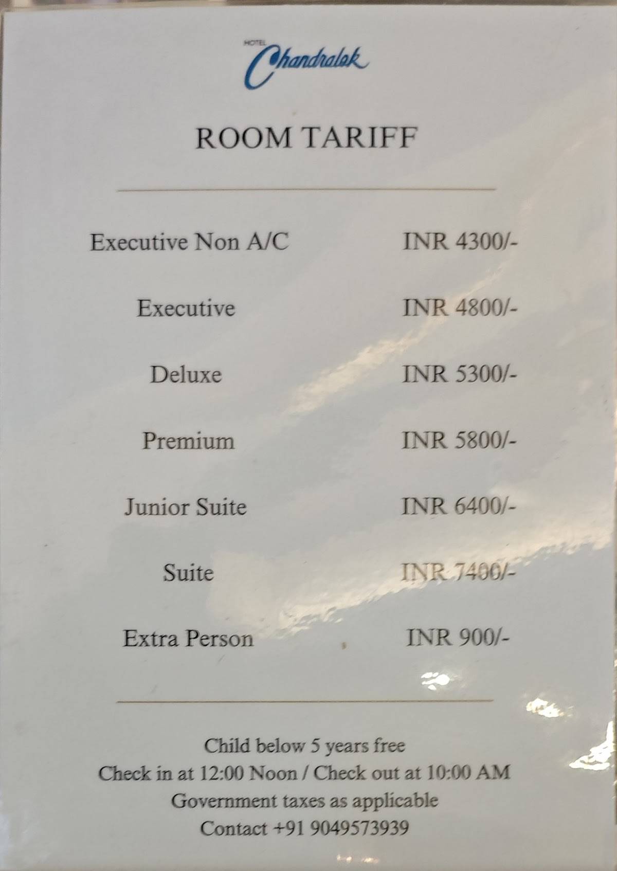Hotel Chandralok menu