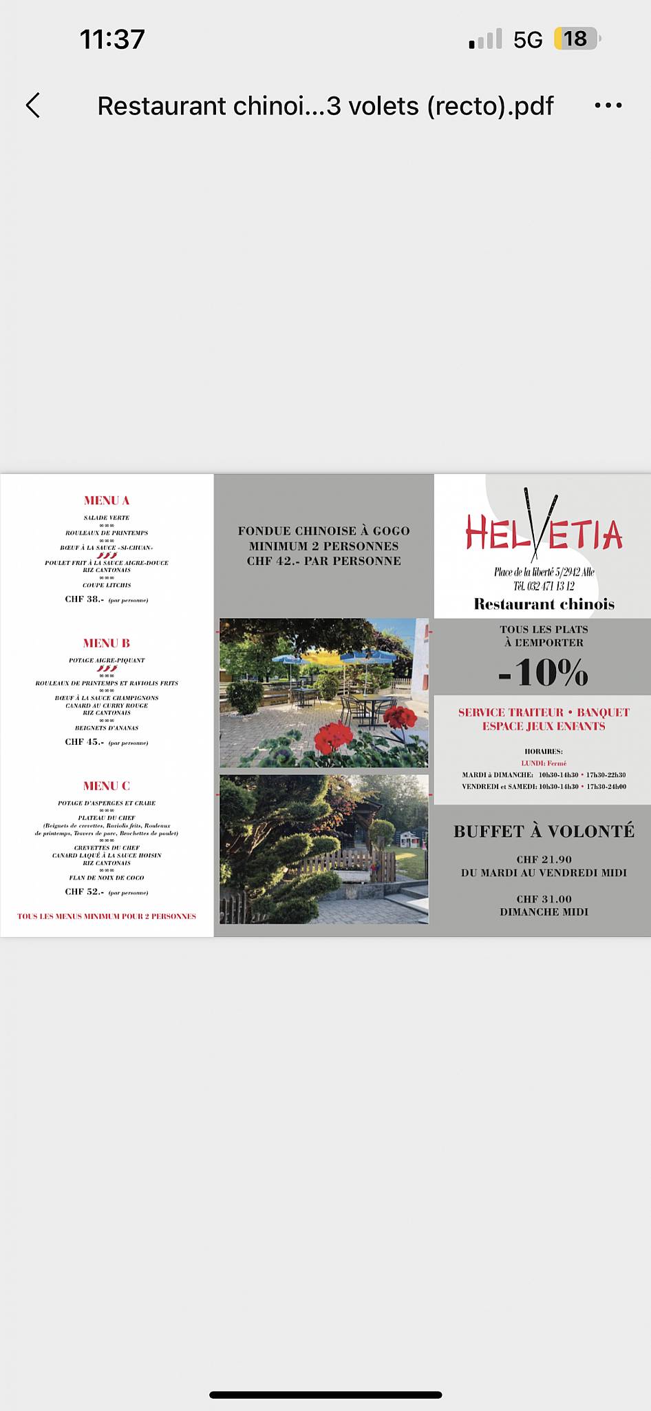 Menu de Hôtel Helvétia