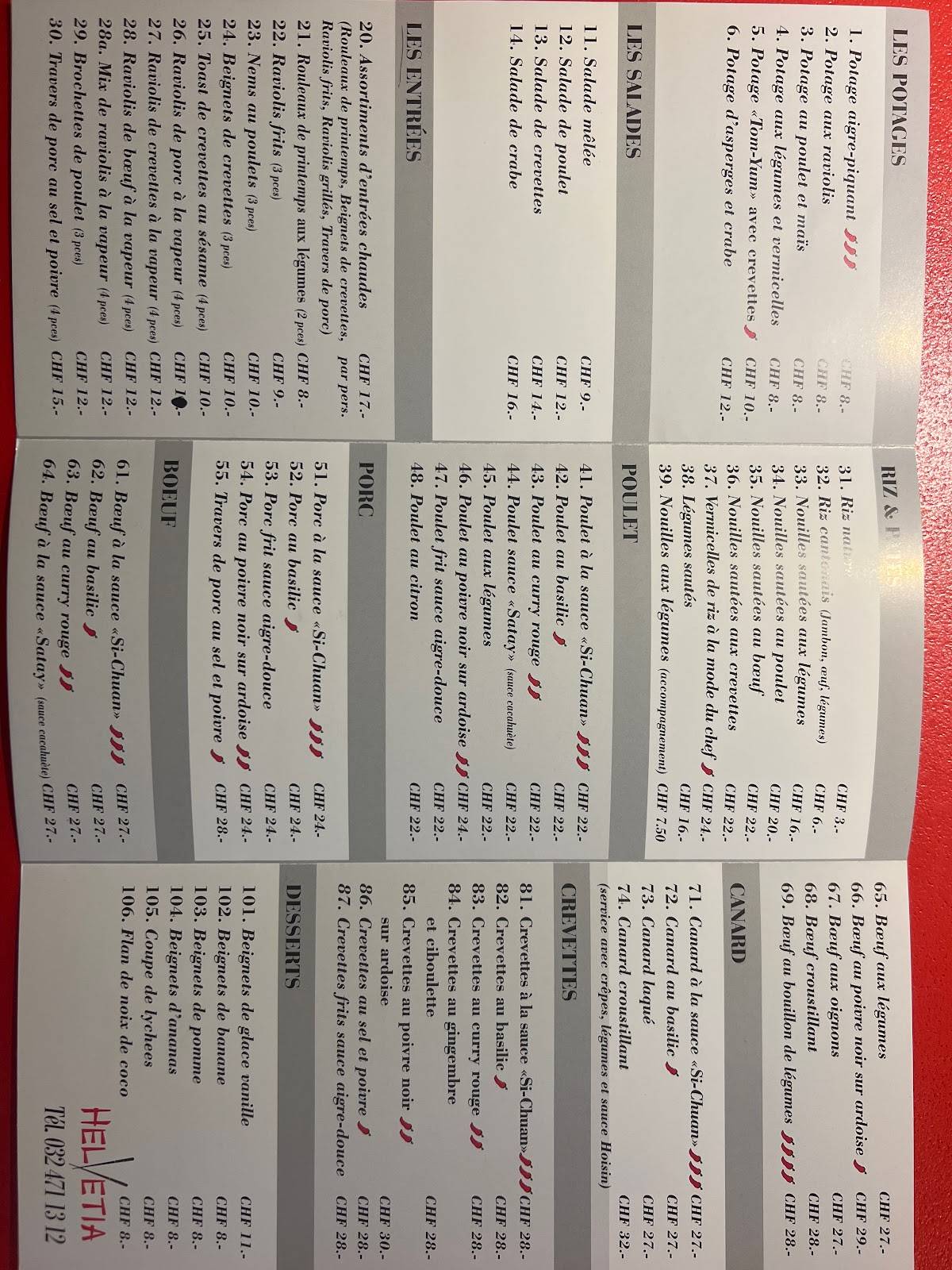 Menu de Hôtel Helvétia