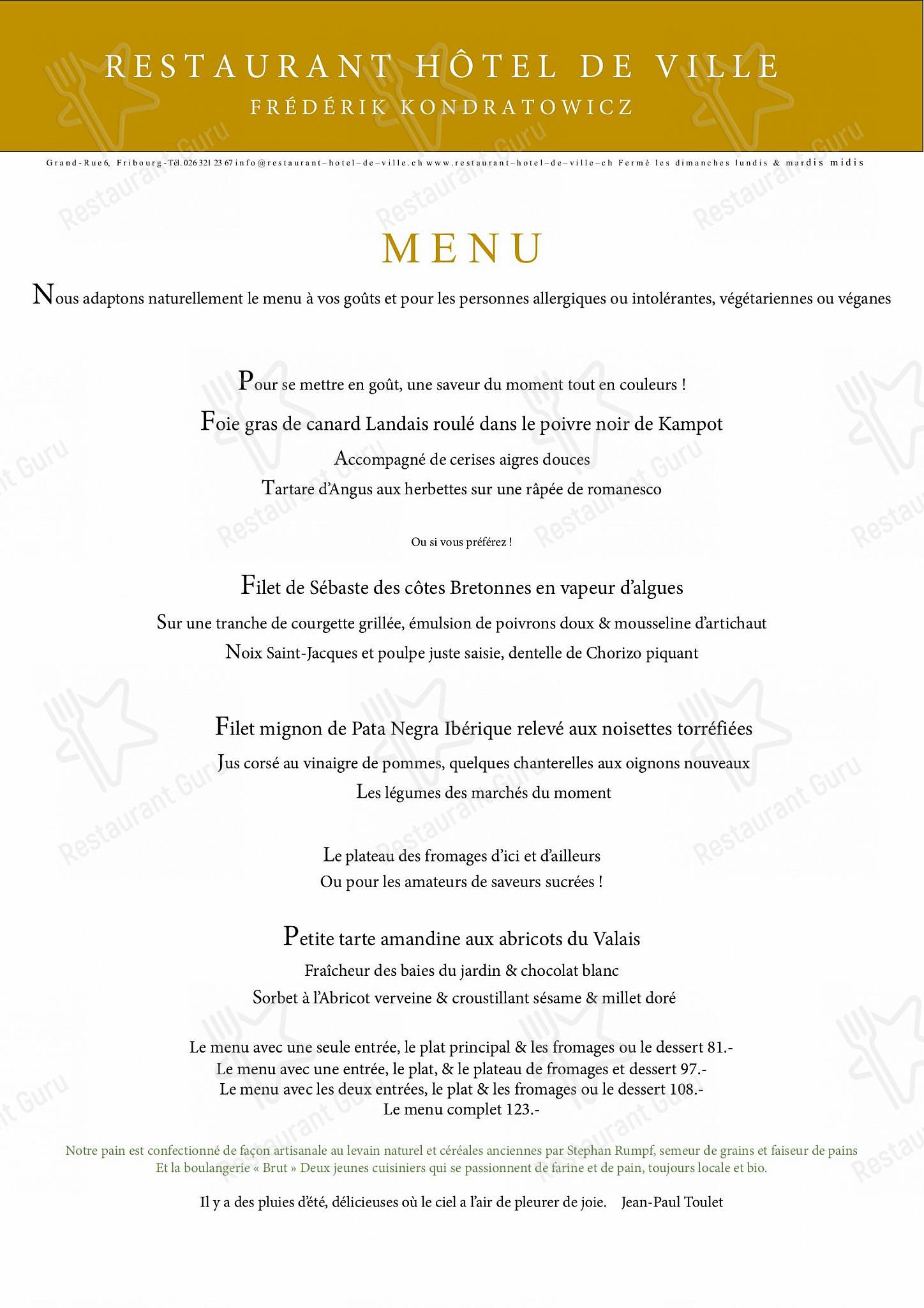 Catering Menu per Restaurant Hôtel de Ville ristorante