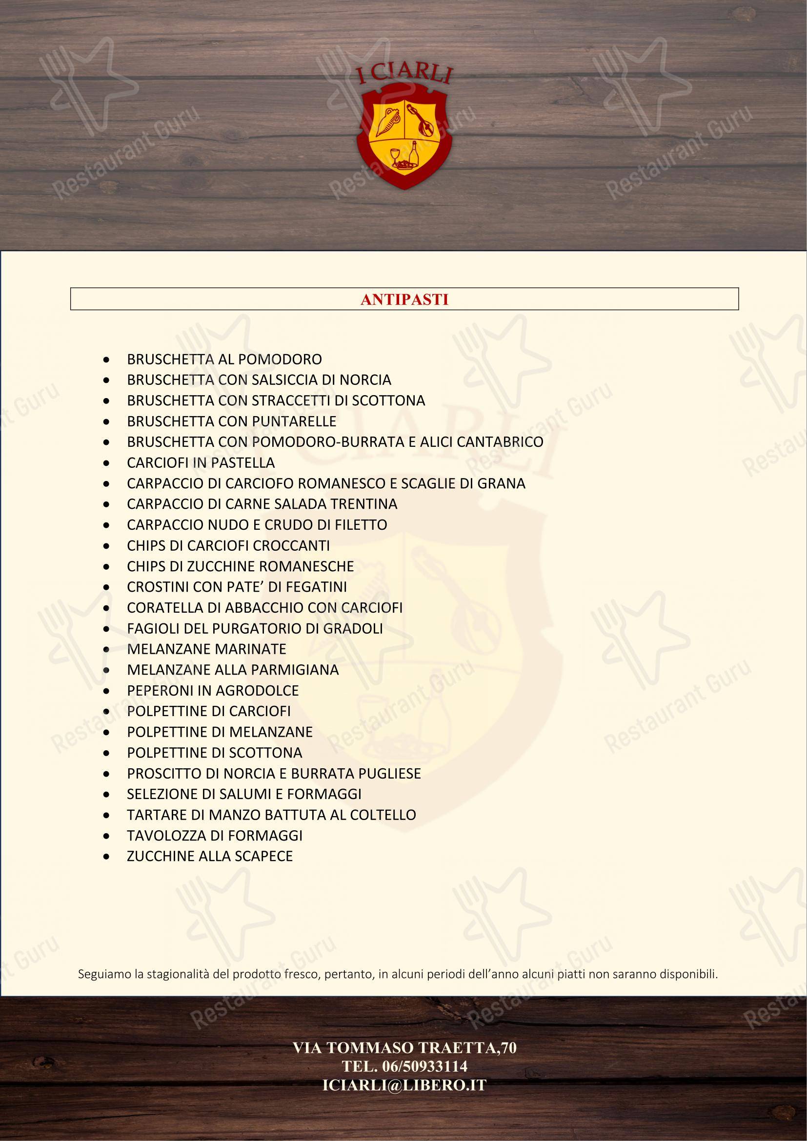 Menu di I CIARLI RISTORANTE-GRIGLIERIA-BAR - Menu