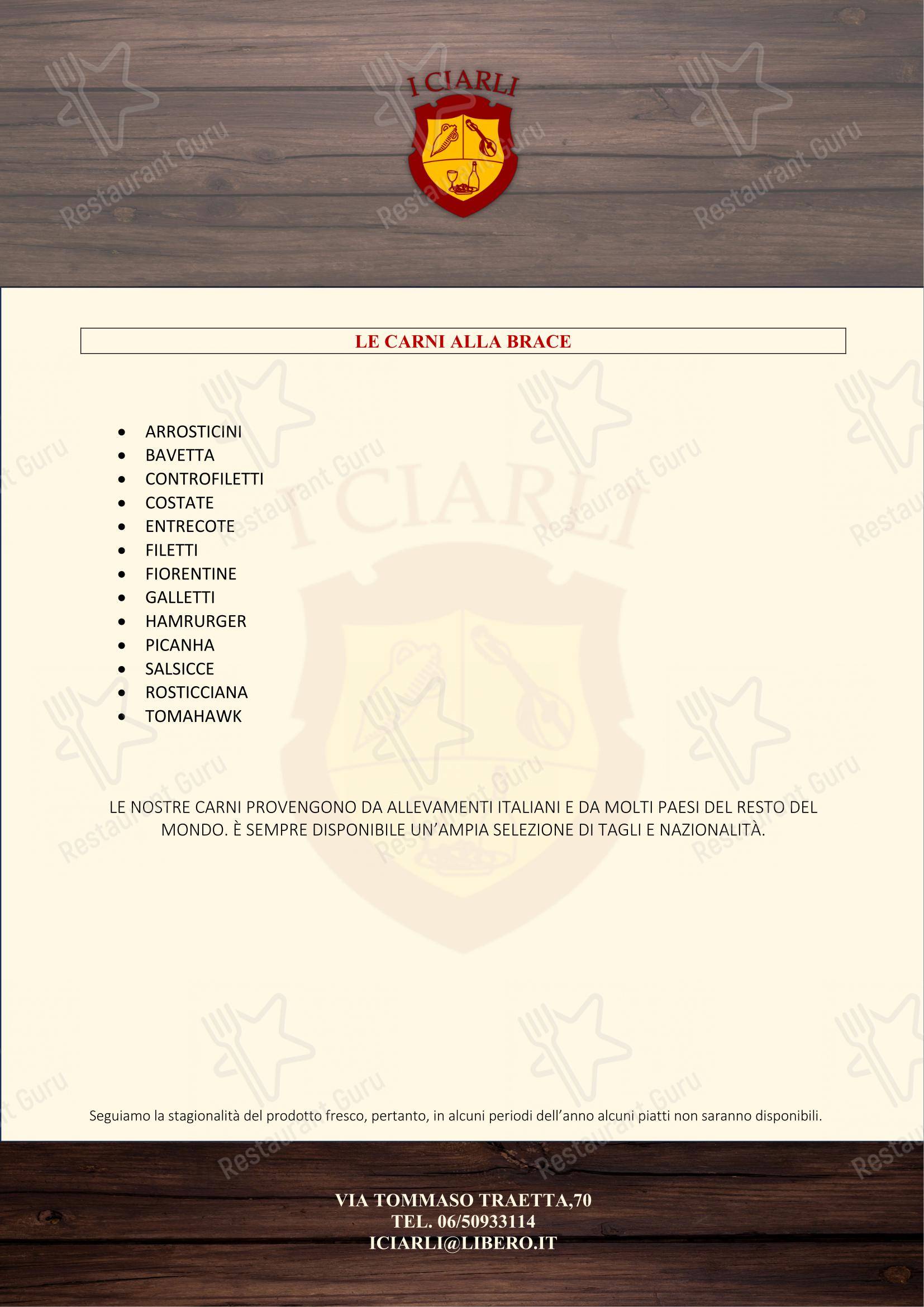 Menu di I CIARLI RISTORANTE-GRIGLIERIA-BAR - Menu