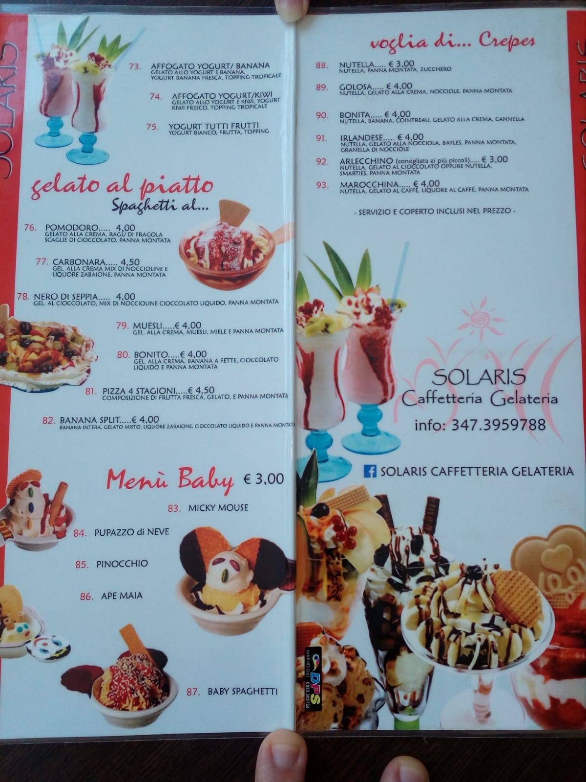 Menu di Gelateria Sfilatineria Torte Cake Design Bar Solaris Matino 