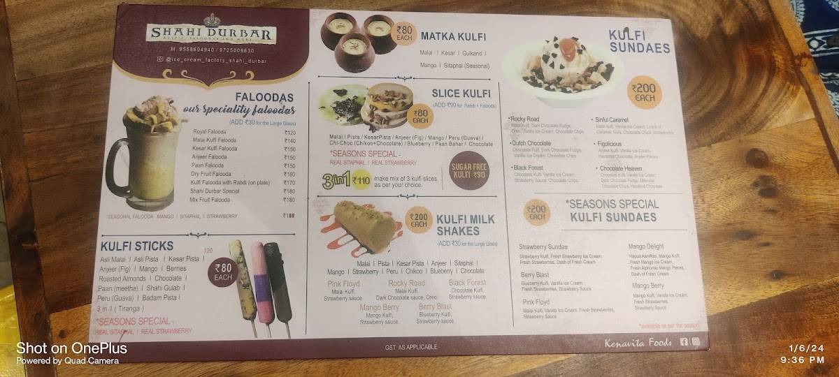 Ice Cream Factory & Shahi Darbar menu