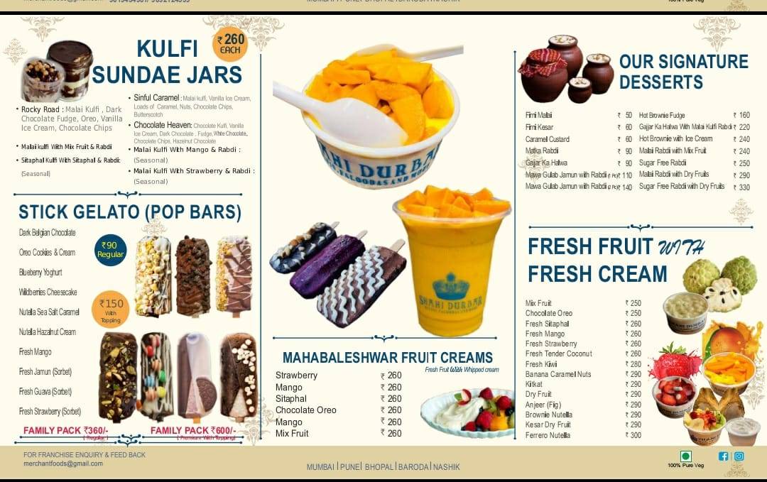 Menu at Ice cream Factory and Shahi Durbar, Mumbai