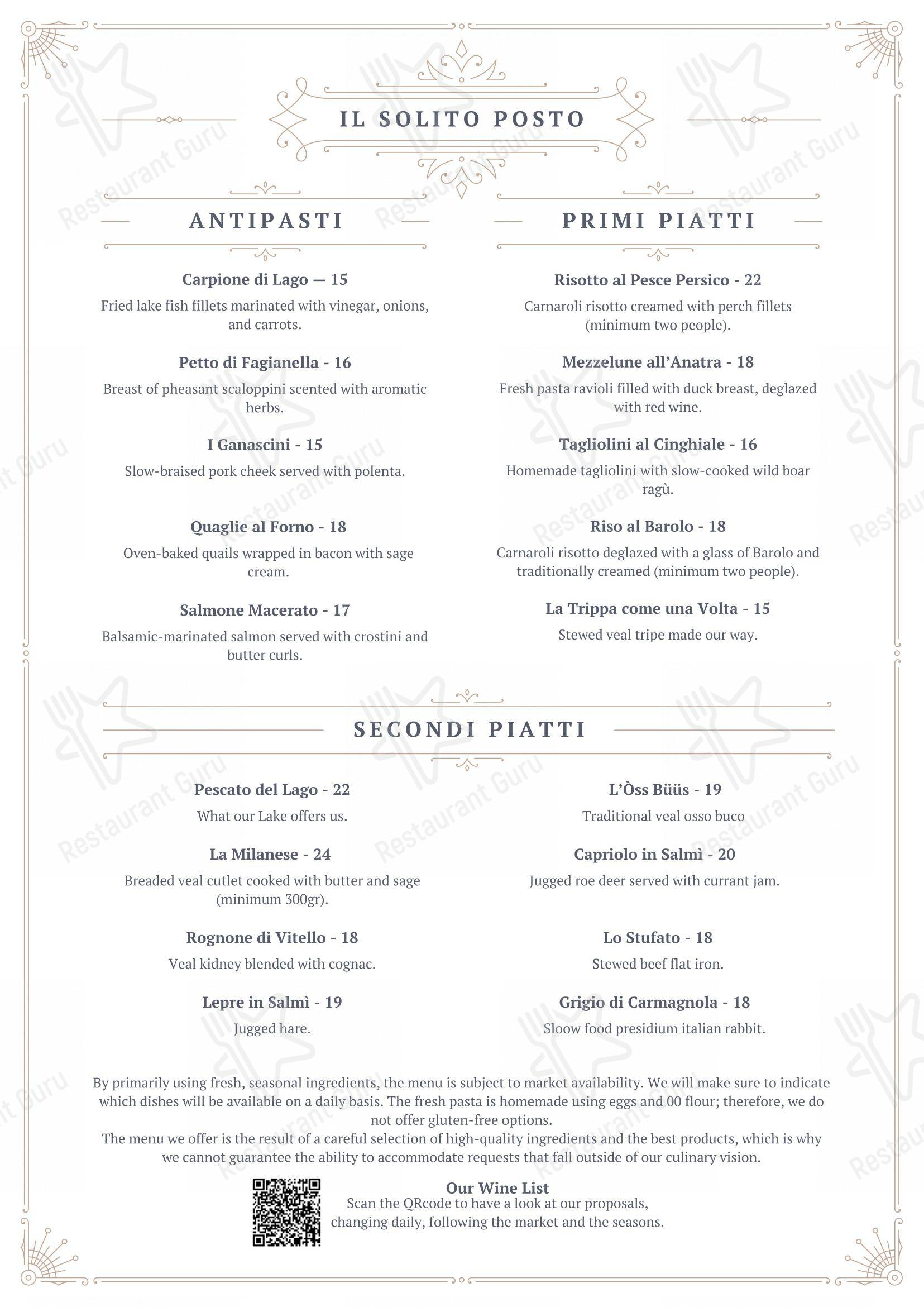 Menu per Il Solito Posto ristorante