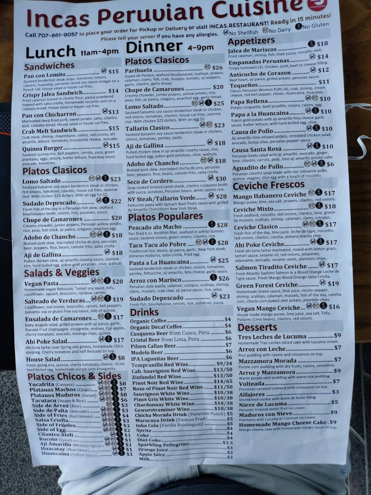 Carta del restaurante Inca's Peruvian Cuisine, Sebastopol