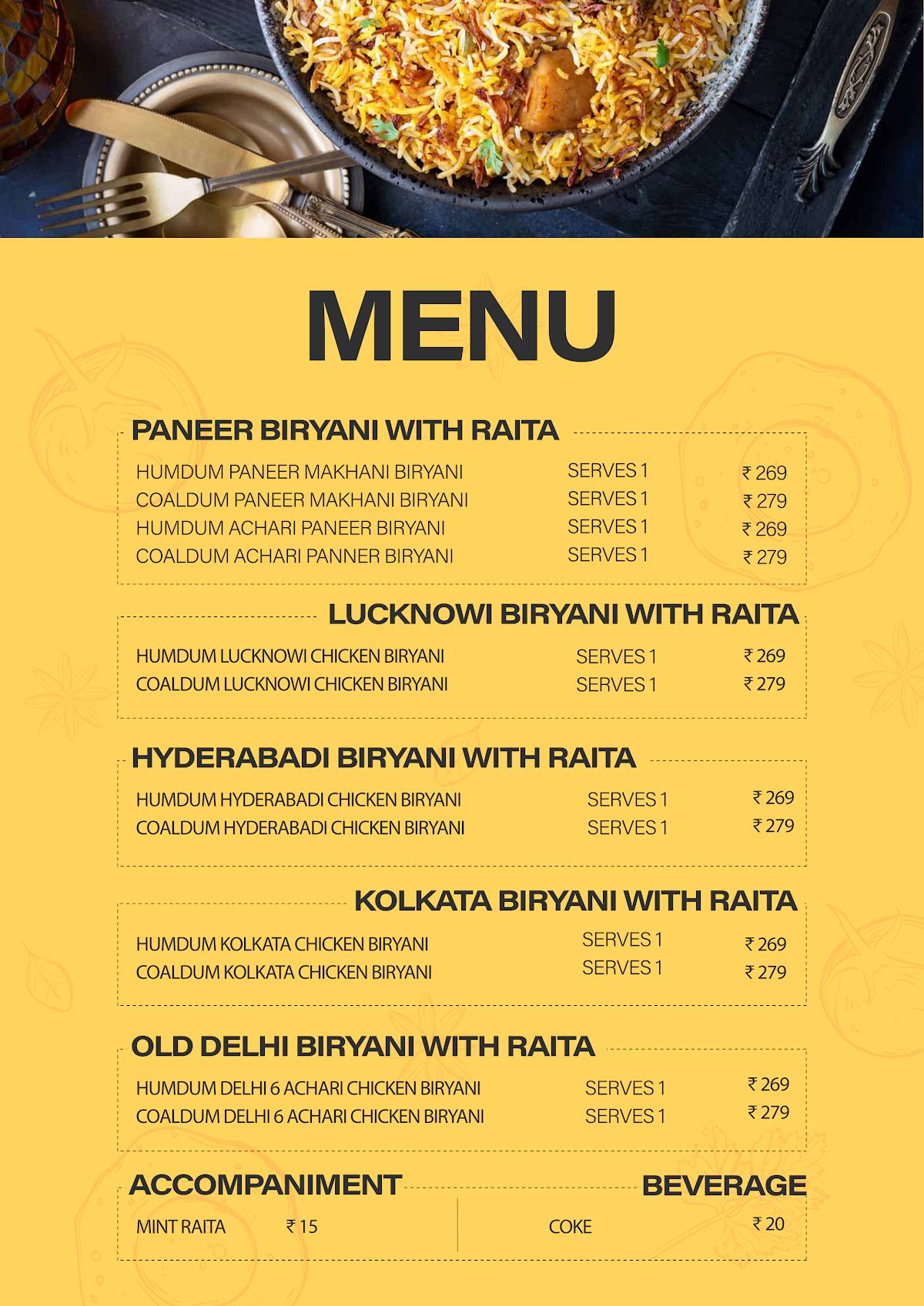 Indian Rasah Biryani menu