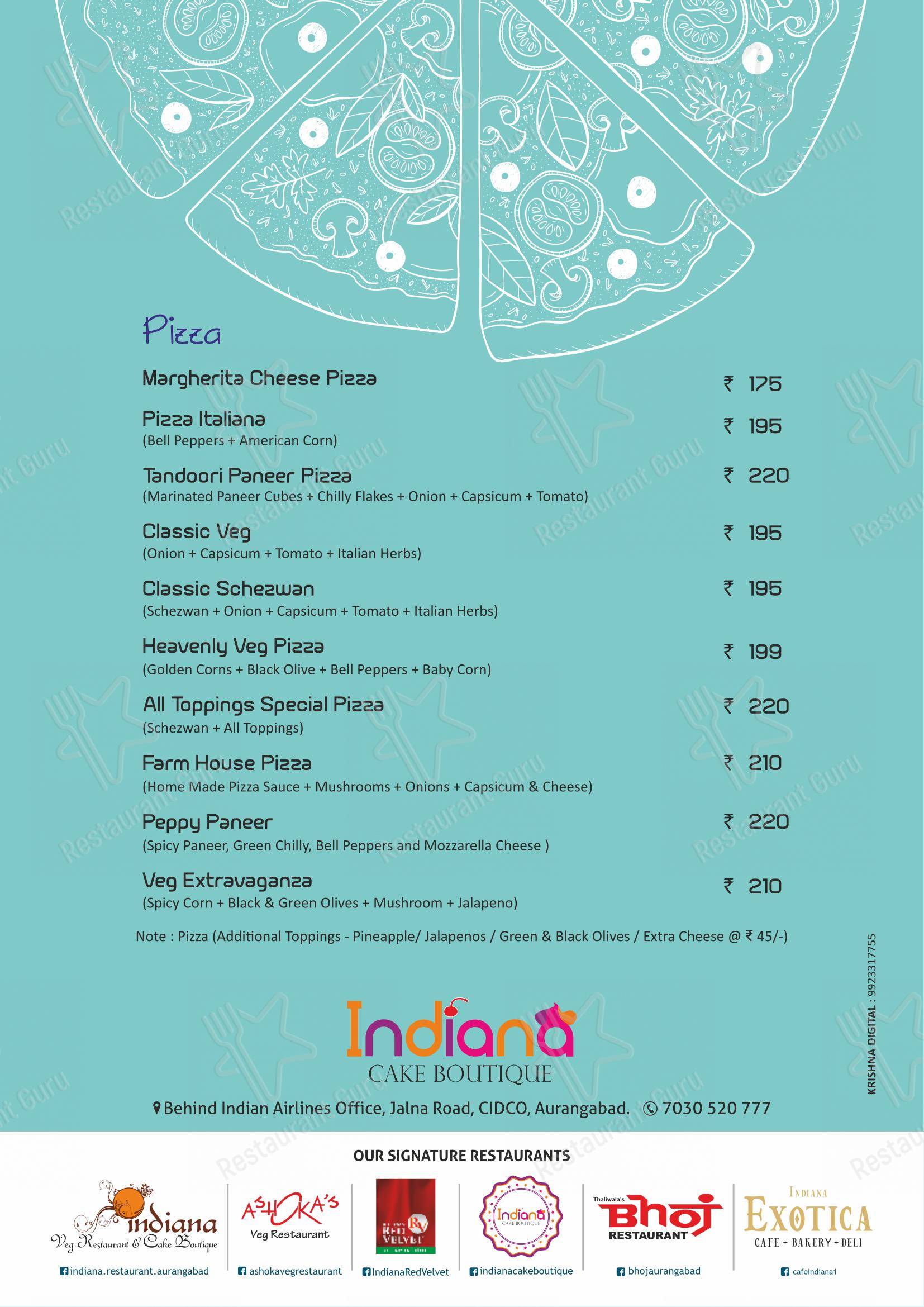 Основное меню for the Indiana Cake Boutique restaurant