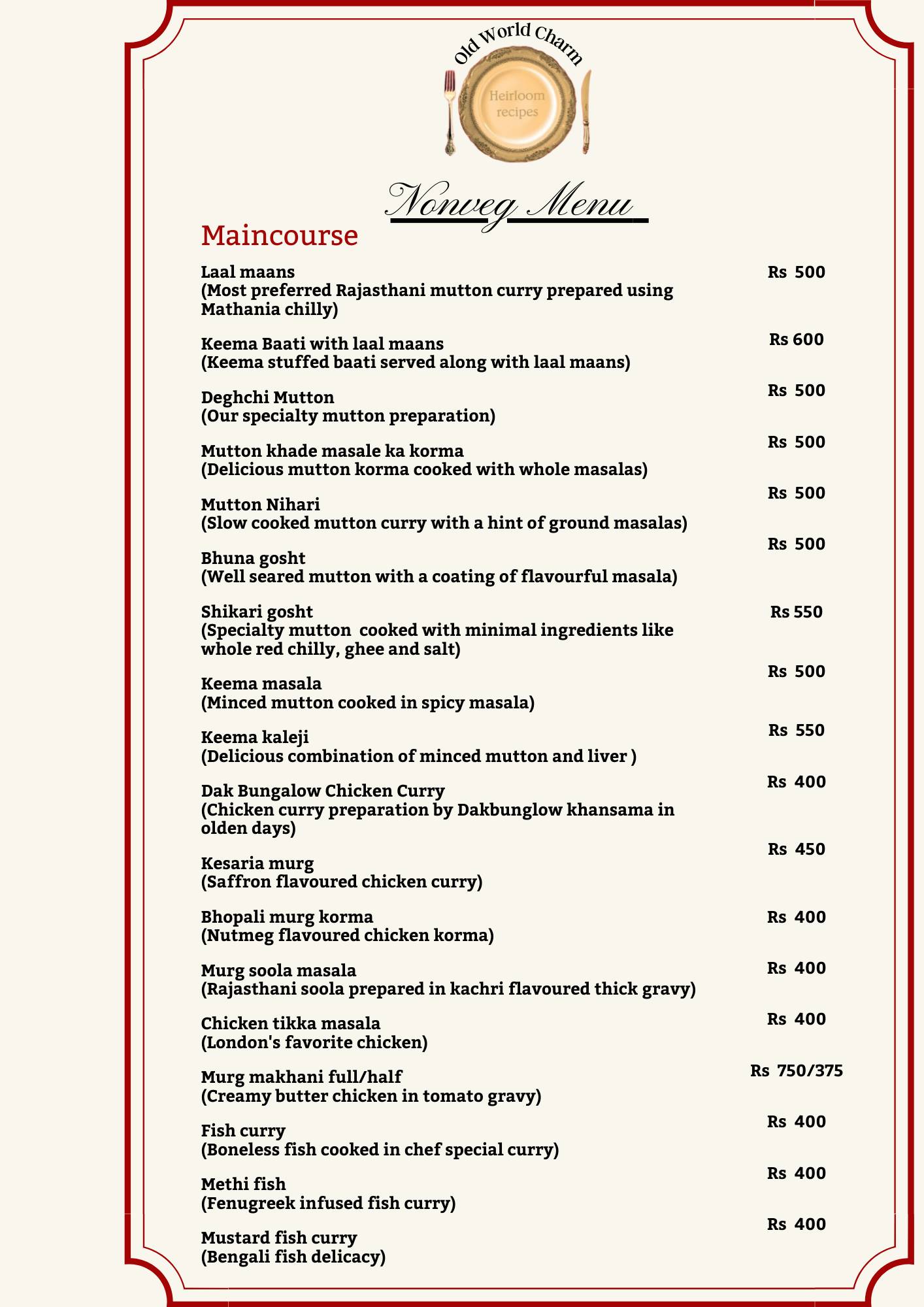 Old World Charm menu